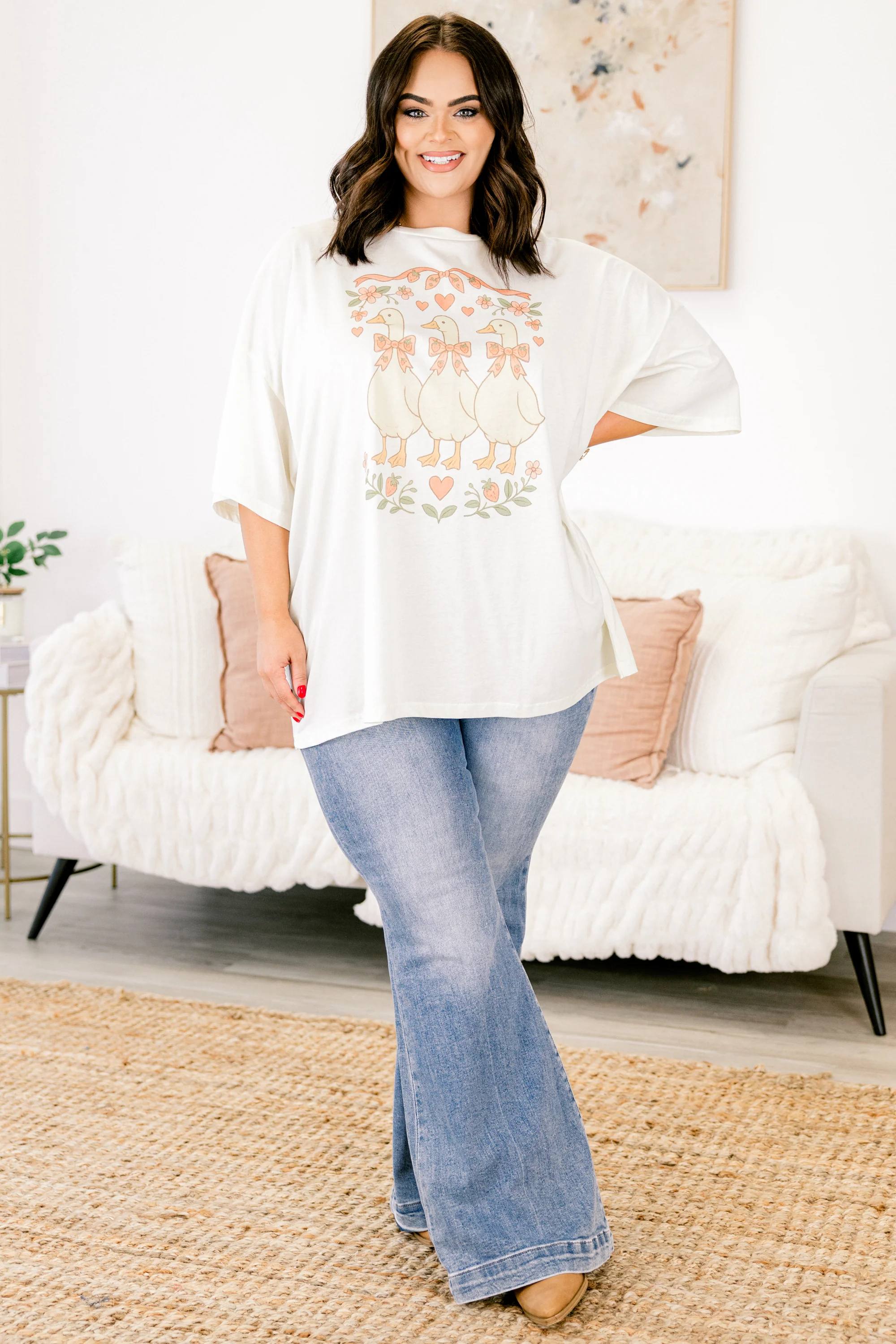 Three Little Geese Boyfriend Tee, Ivory - Giverhouse