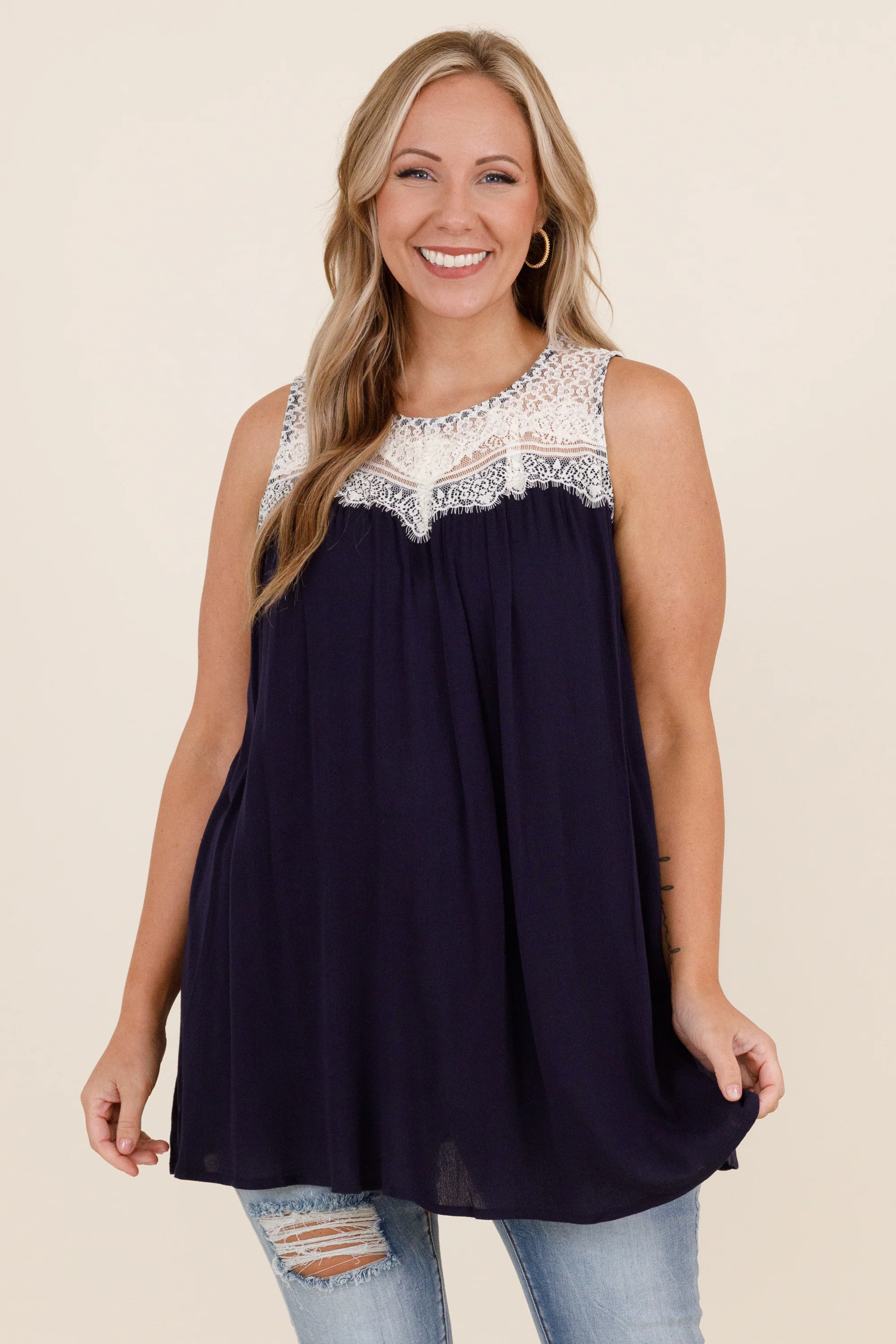 Lace With Love Top, Navy - Giverhouse