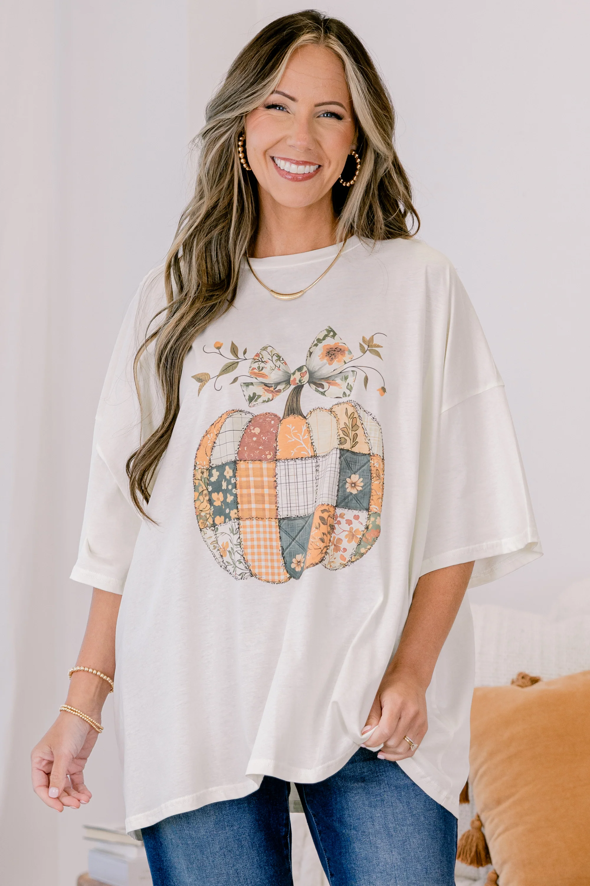 Patches of Pumpkins Boyfriend Tee, Ivory - Giverhouse