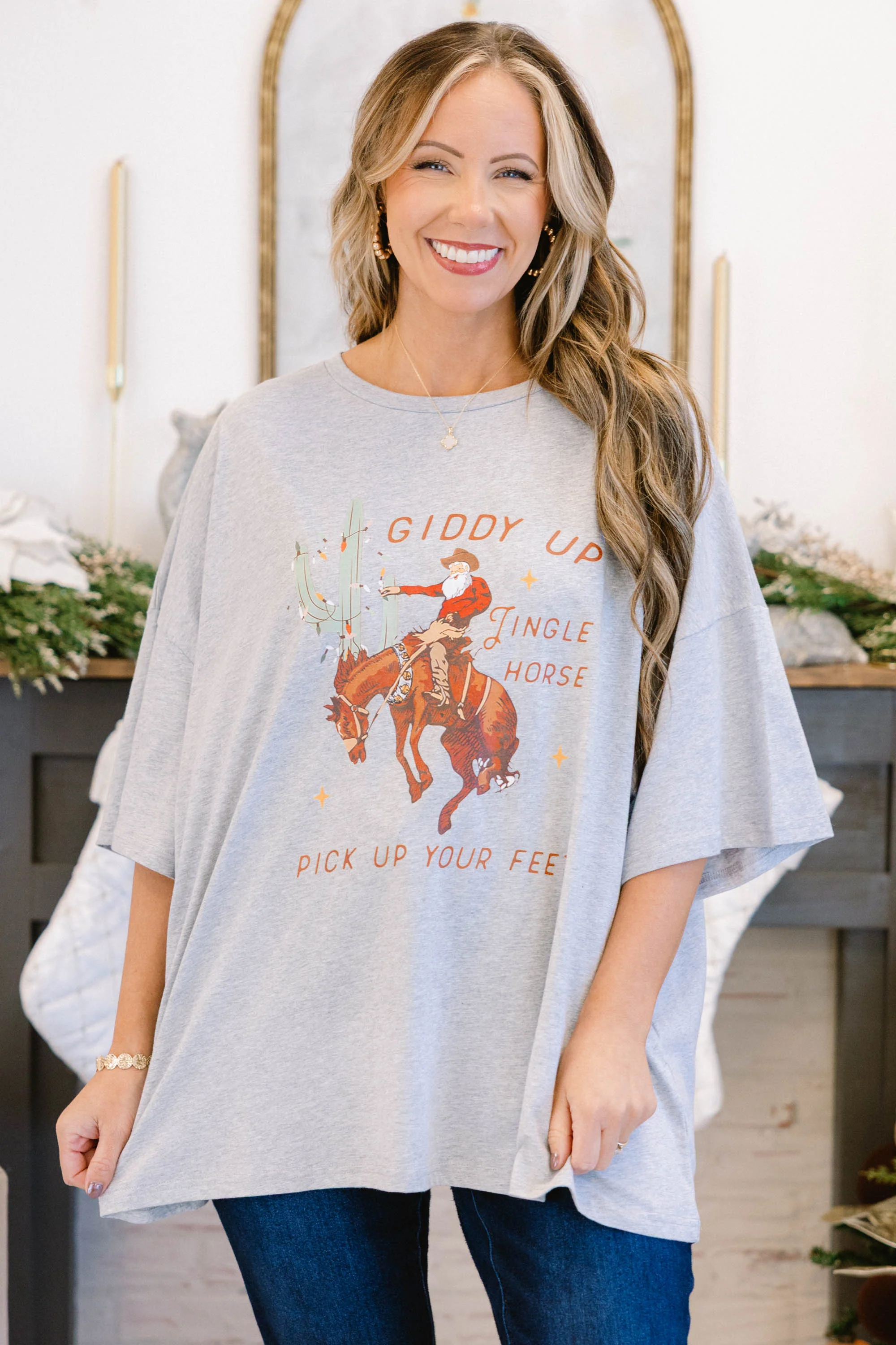 Jingle Horse Boyfriend Tee, Heather Grey - Giverhouse