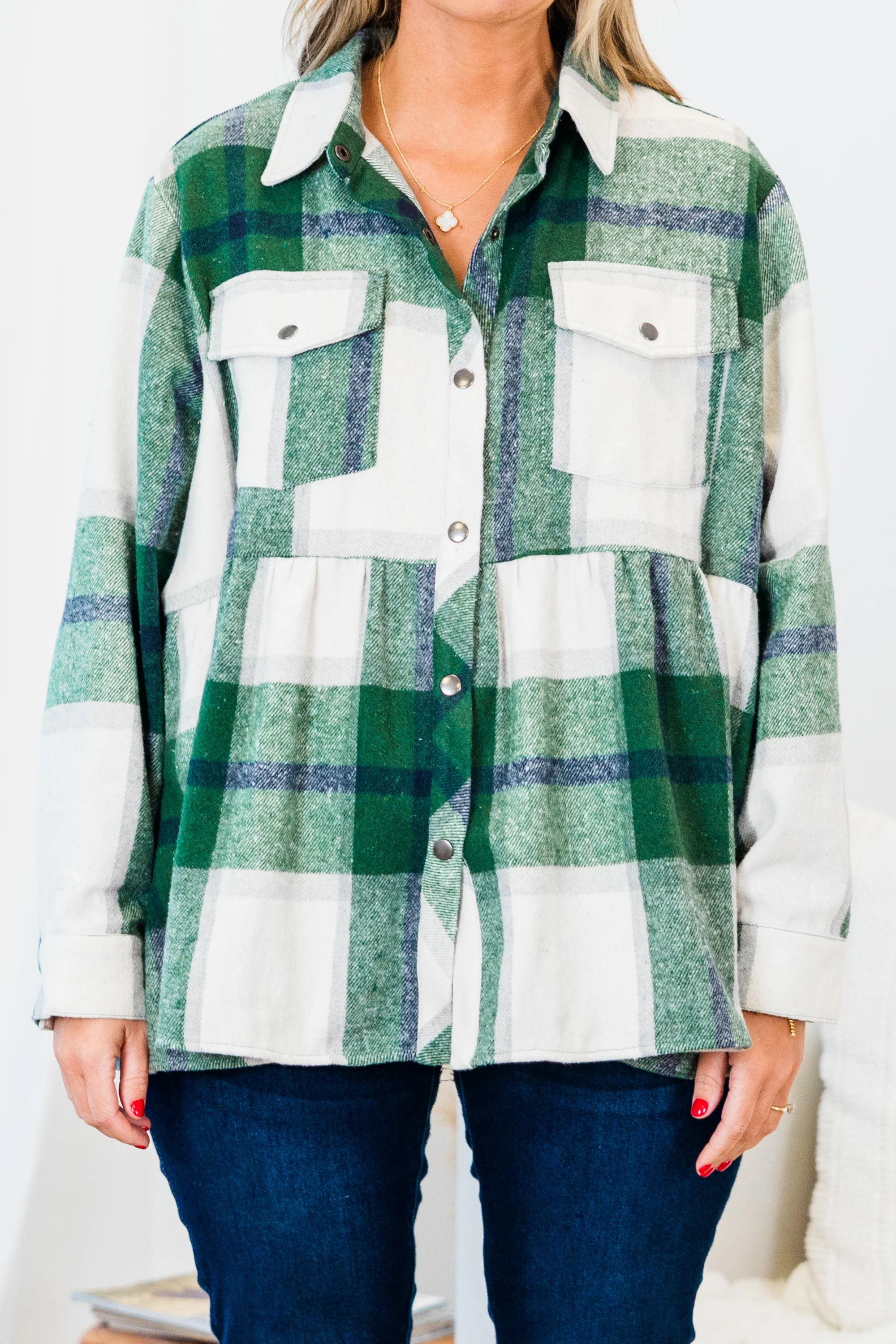 Cozy Plaid Babydoll Shacket, Green - Giverhouse