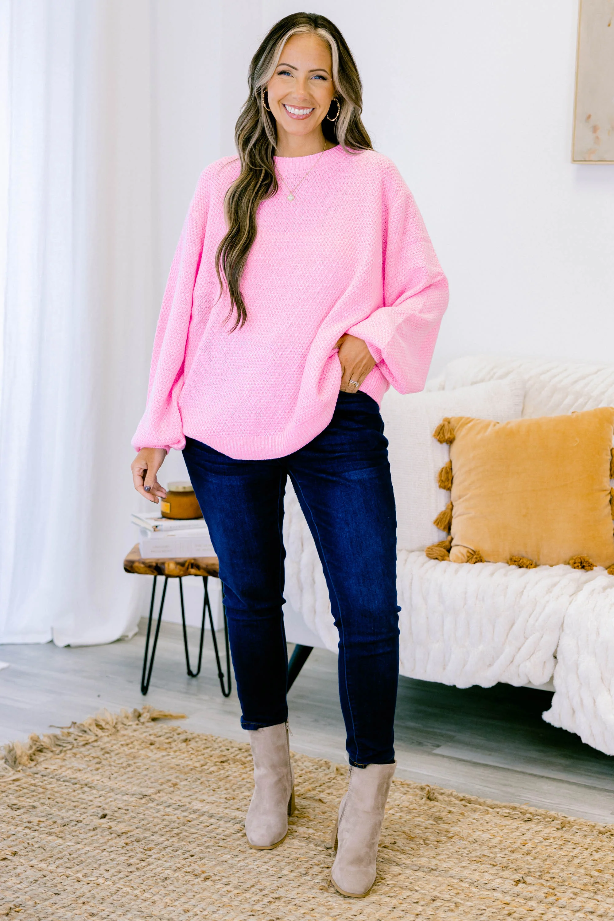 Cozy Bubble Sleeve Sweater, Spring Pink - Giverhouse