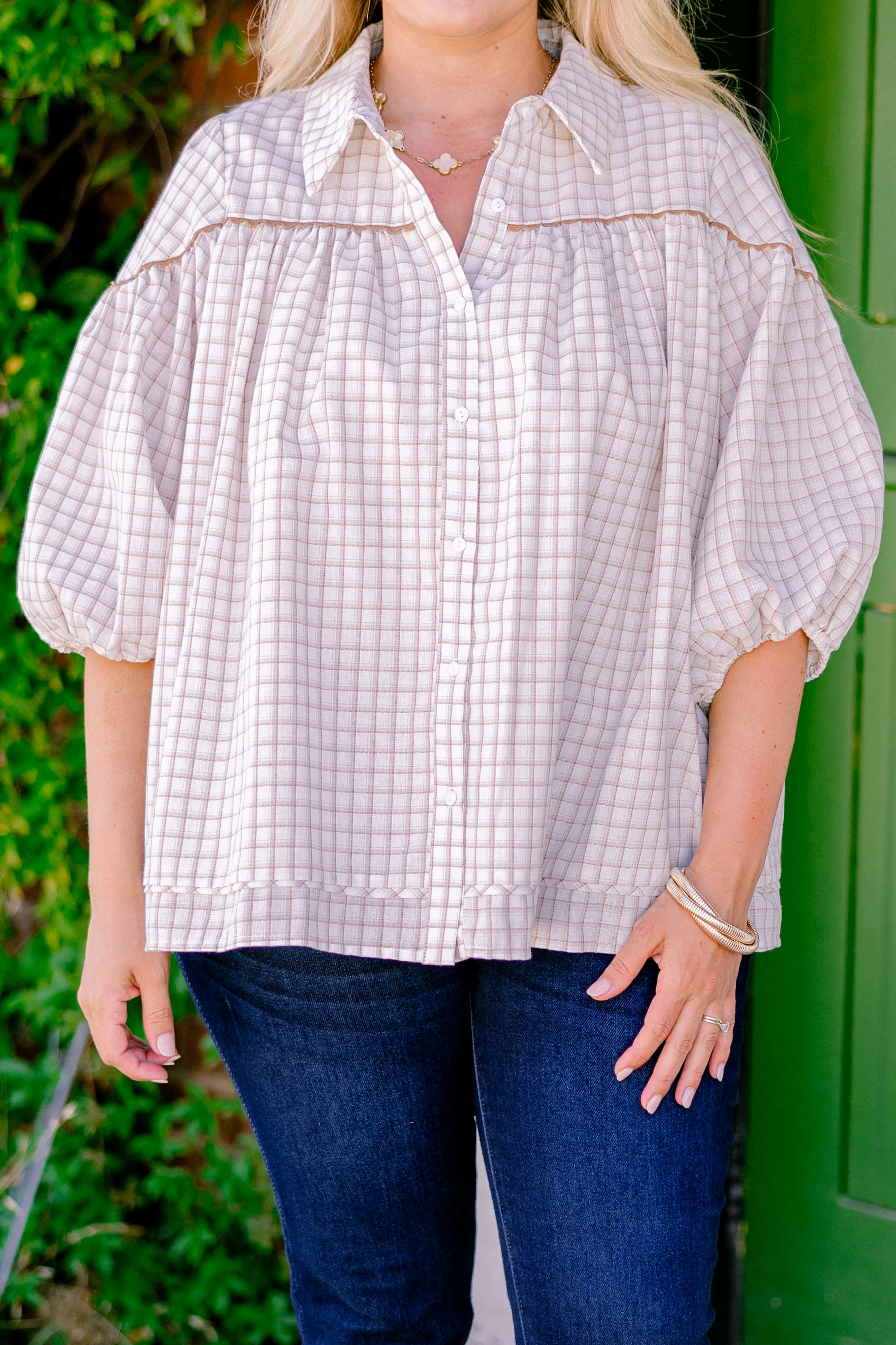 Love Is All Around Blouse, Cream Plaid - Giverhouse