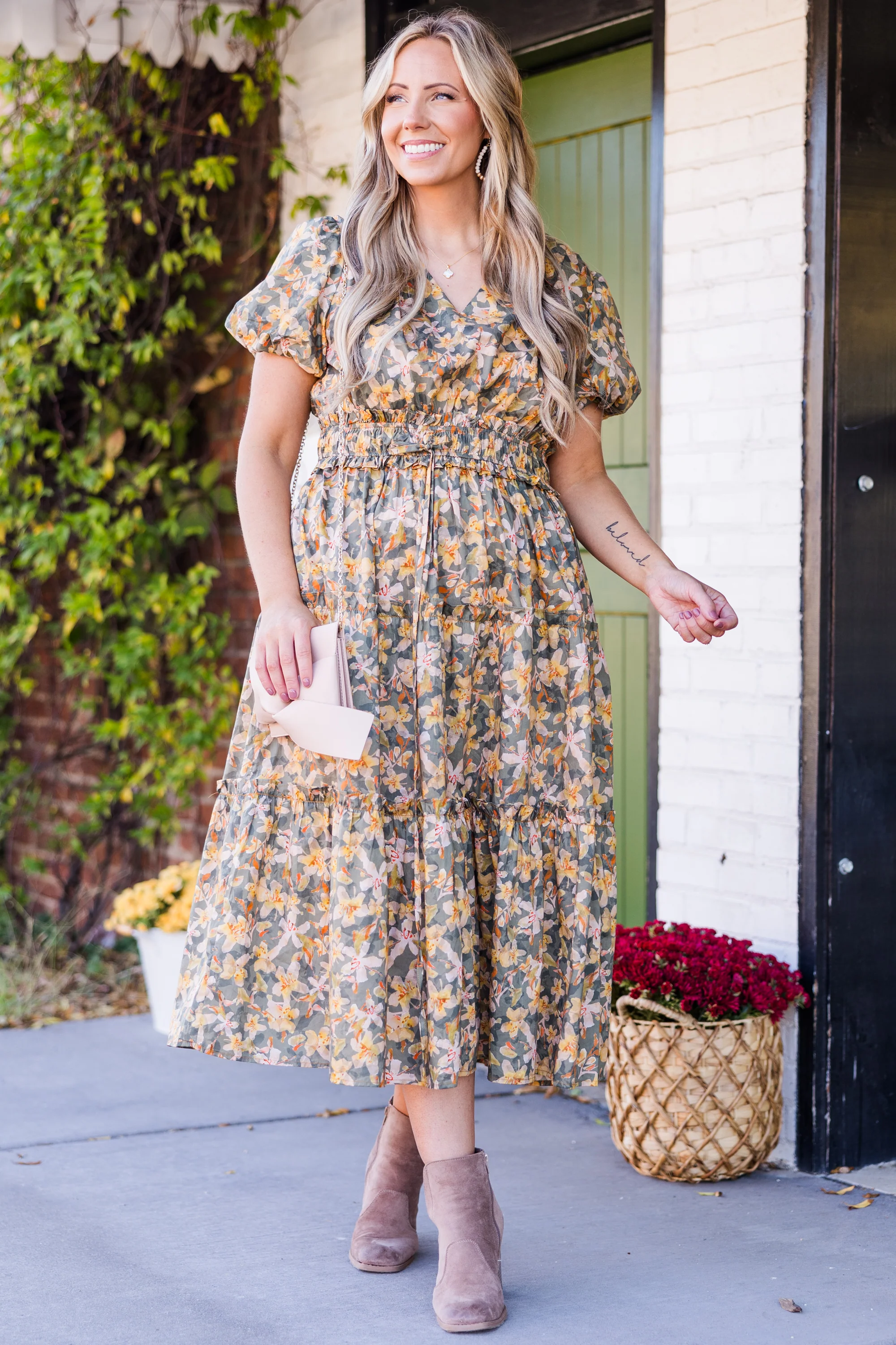 Muted Garden Midi Dress, Yellow - Giverhouse