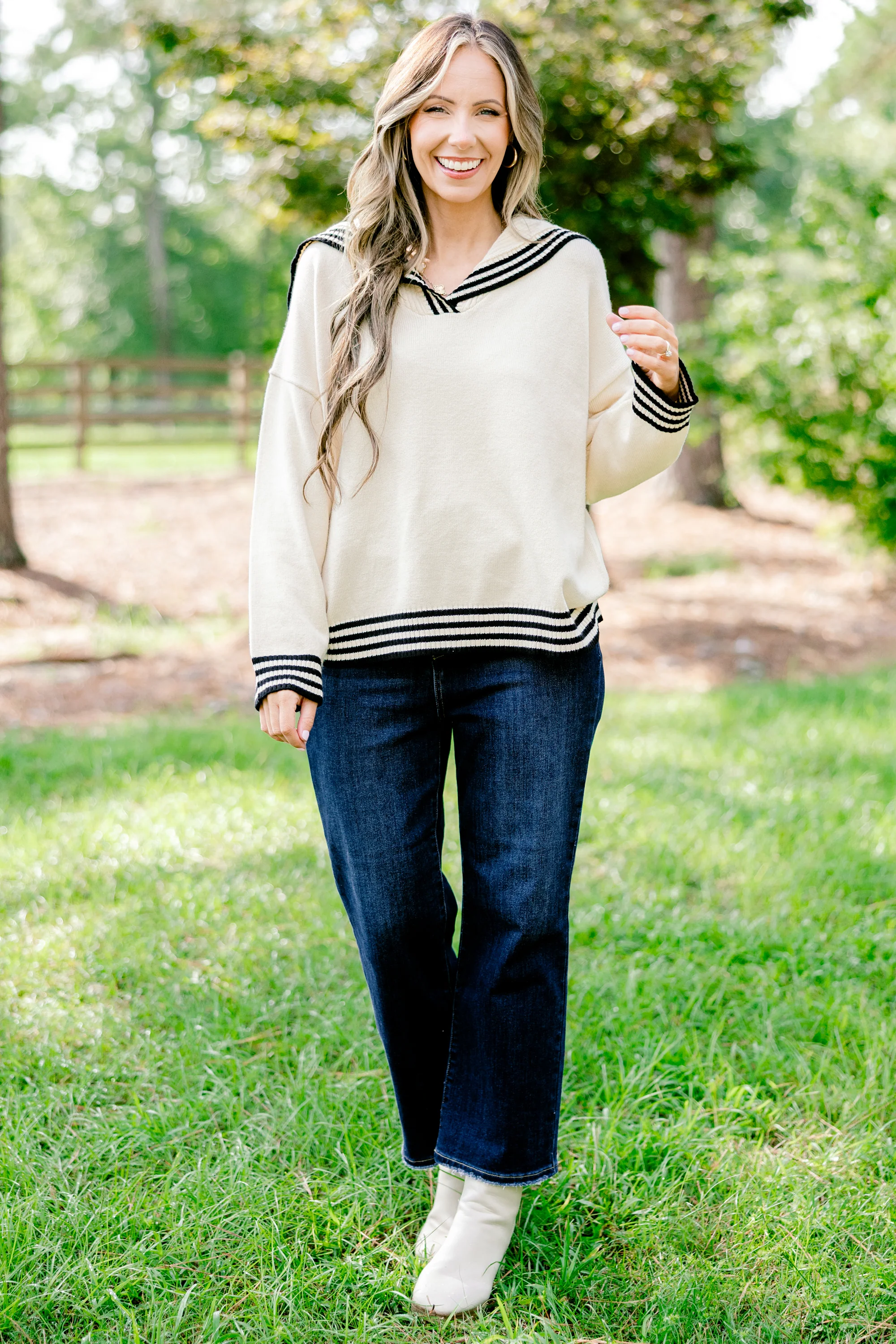 Smiling Through It All Sweater, White Stripe - Giverhouse