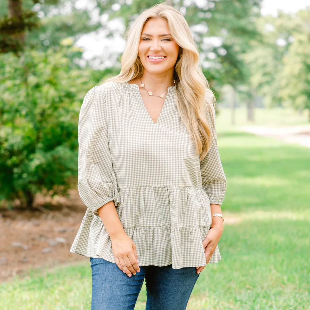 Pretty And Polished Top, Green Gingham - Giverhouse