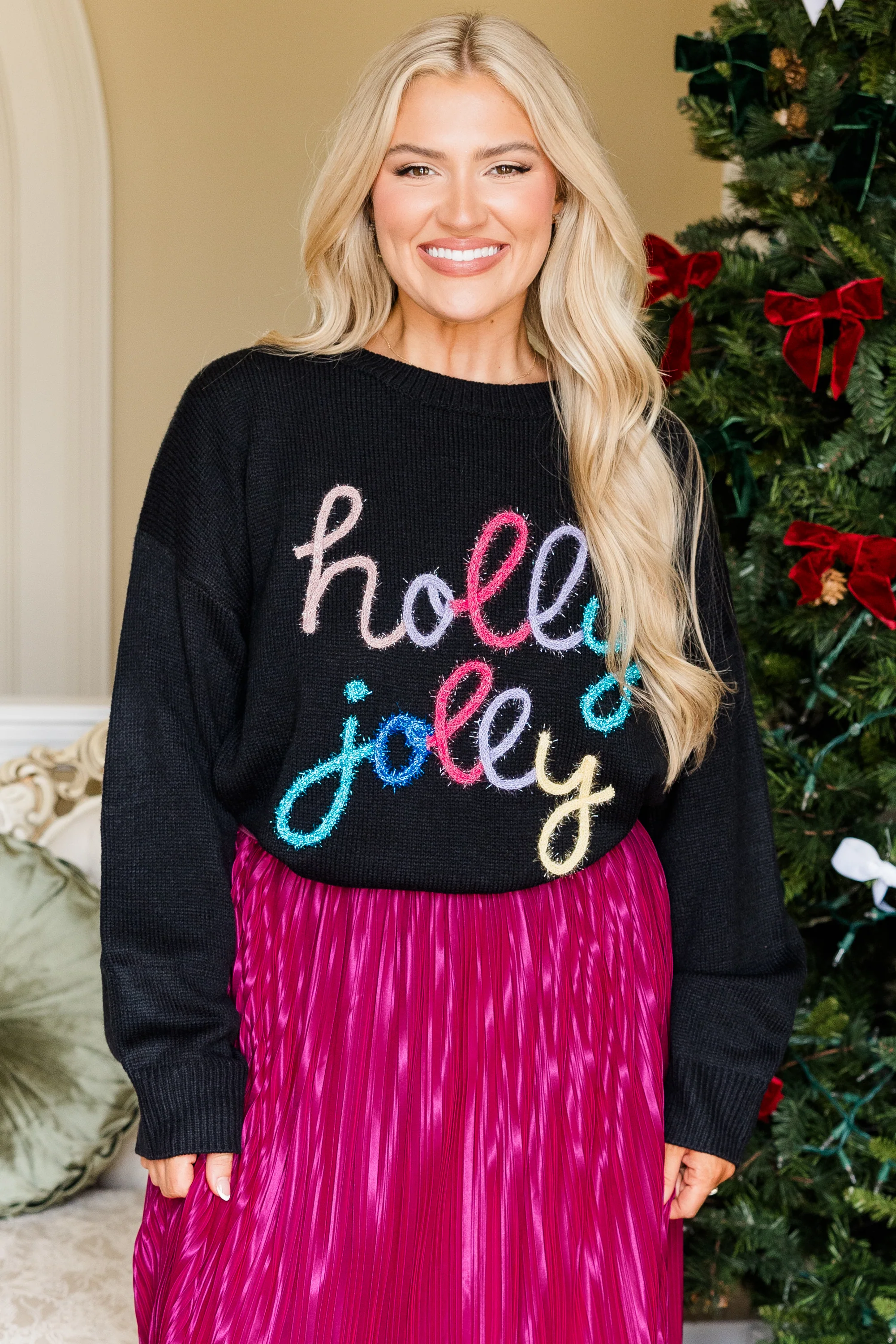 Holly Jolly All The Way Sweater, Black - Giverhouse