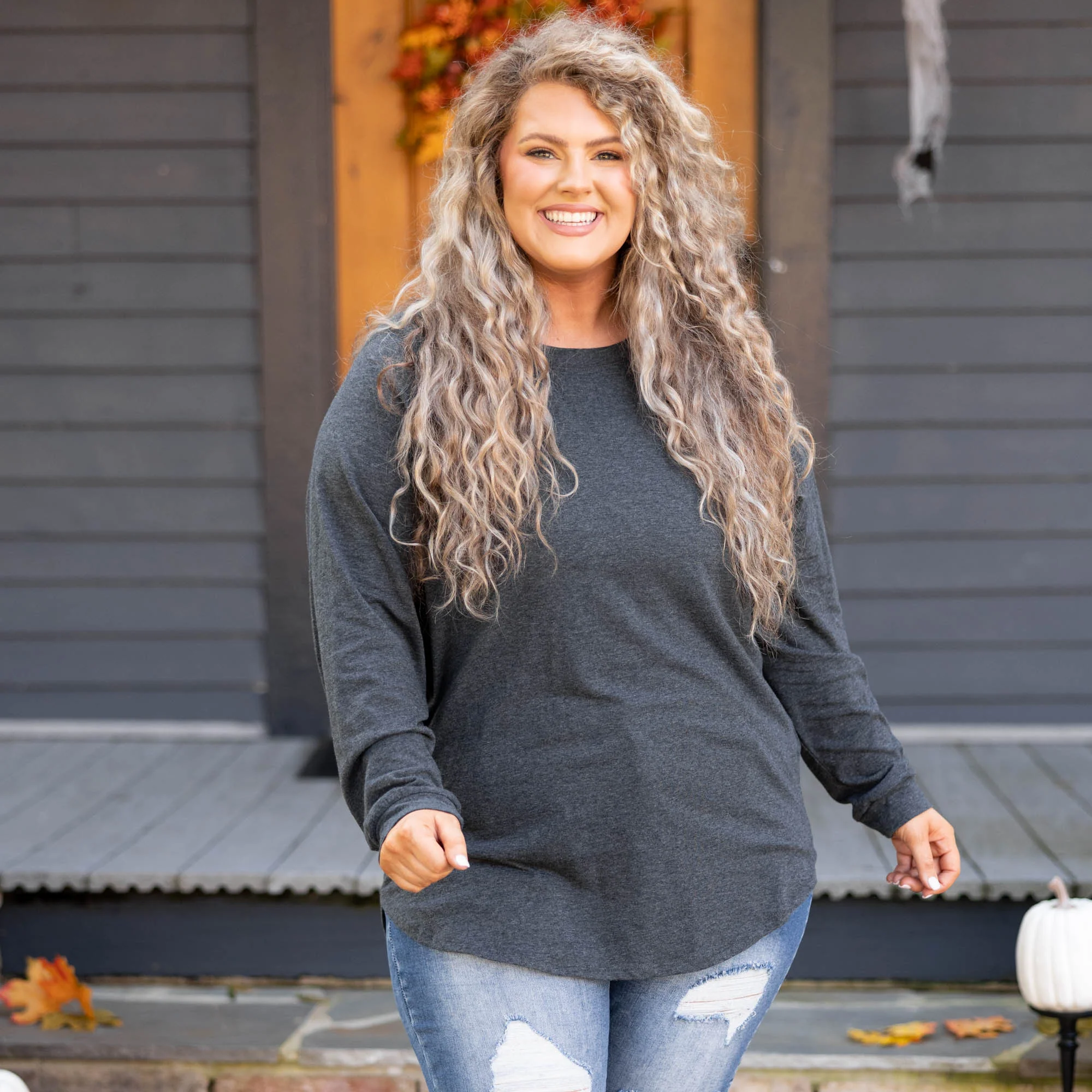 Curved Hem Slouchy Dolman Tunic, Charcoal - Giverhouse