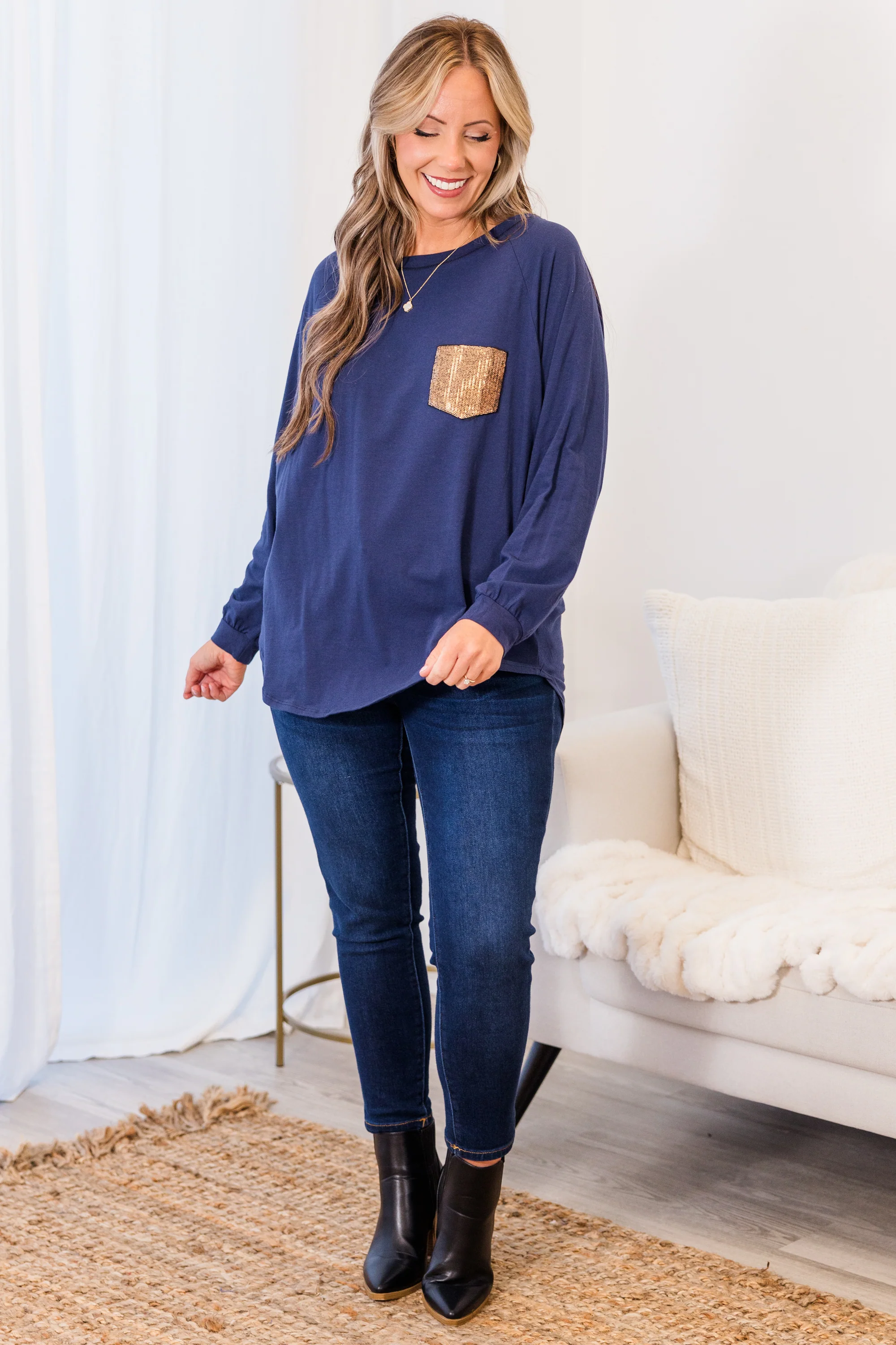 Curved Hem Slouchy Dolman Tunic, Navy Sequin - Giverhouse