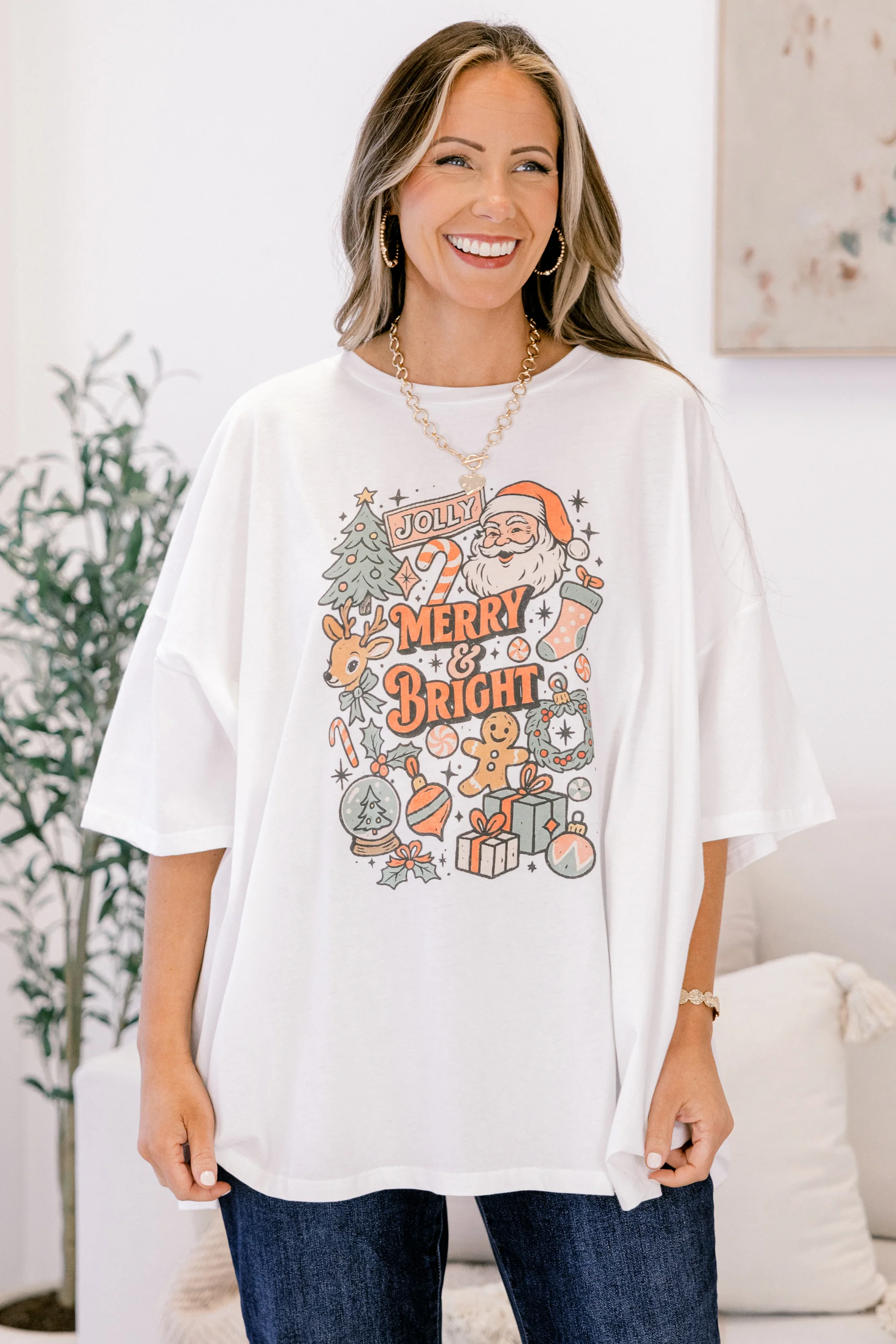 Jolly, Merry and Bright Imported Boyfriend Tee, White - Giverhouse
