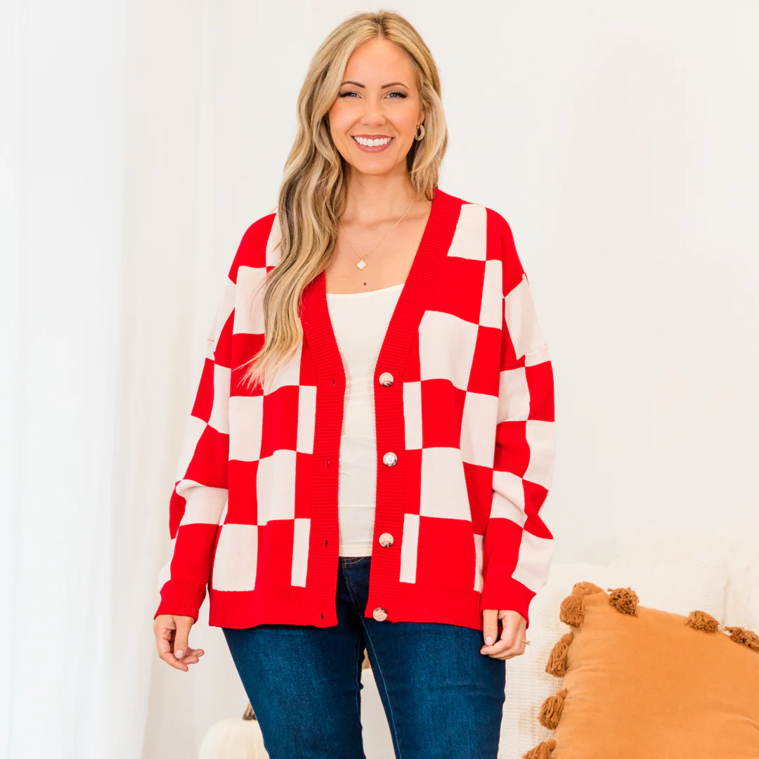 Checkmate Babe Cardigan, Red - Giverhouse