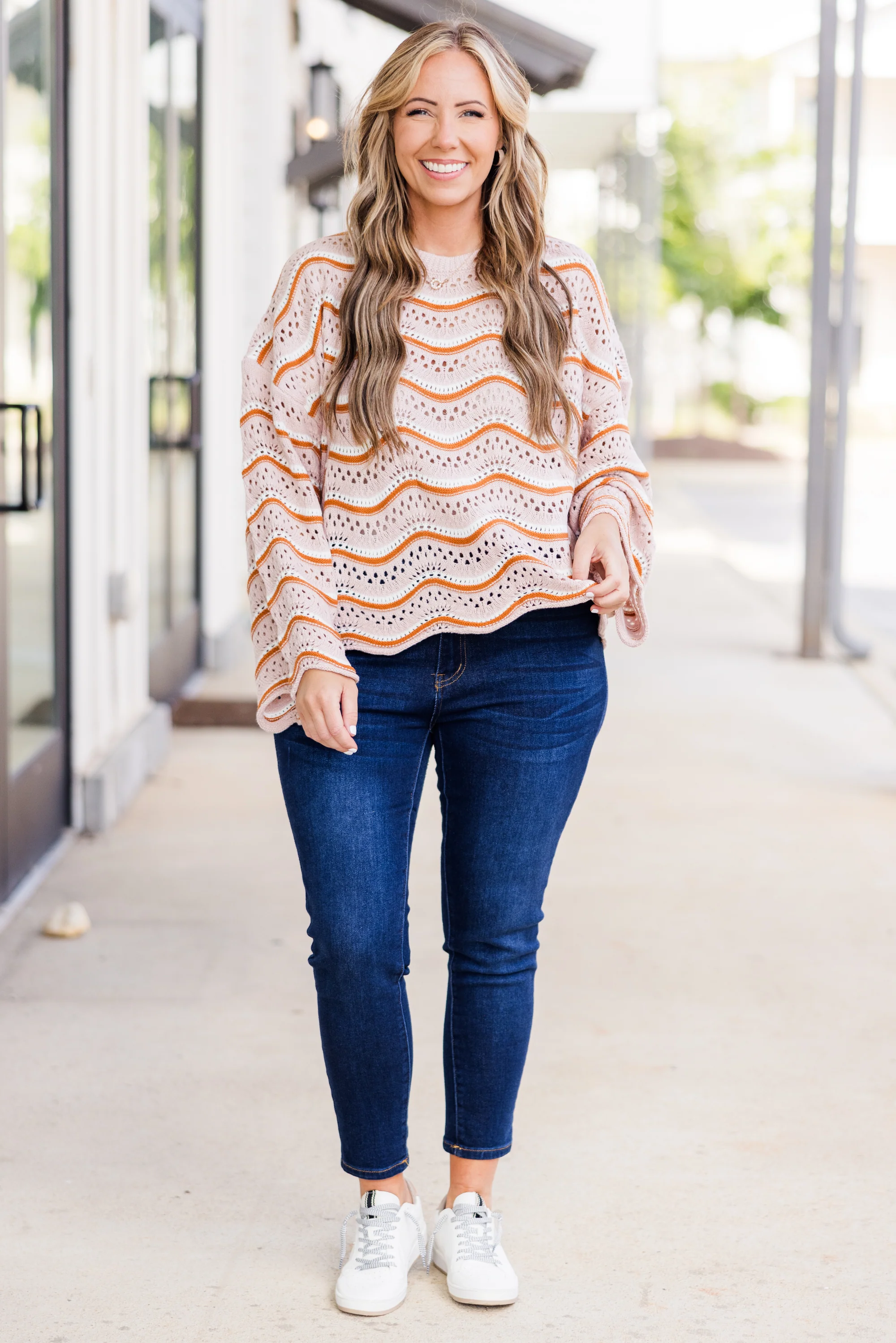 Wavy Comfort Sweater, Cream-Brown - Giverhouse