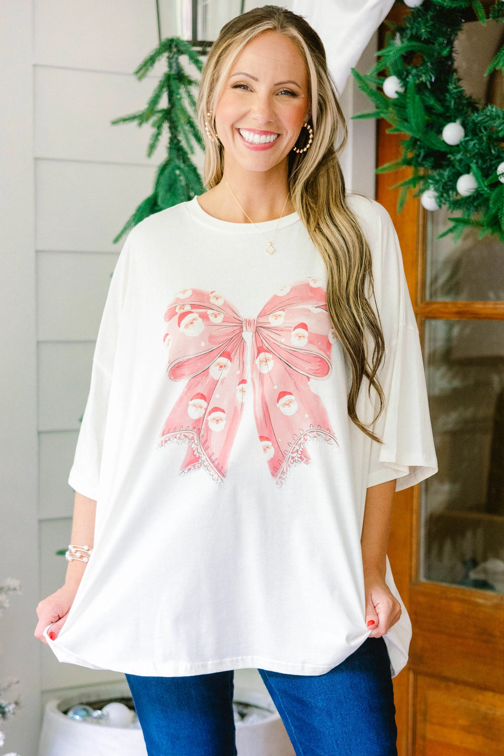 Santa Bows Boyfriend Tee, Ivory - Giverhouse