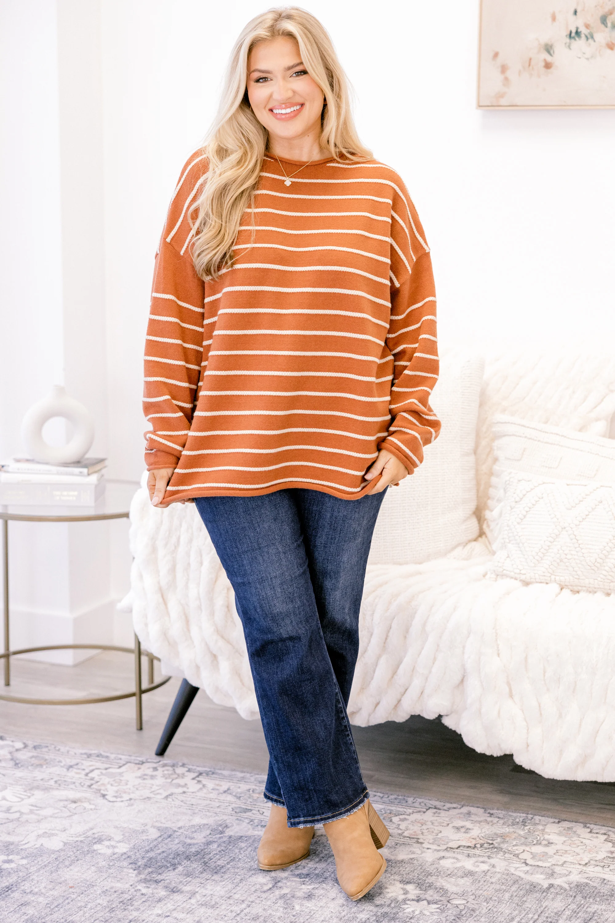Slumber Party Time Sweater, Rust-Cream - Giverhouse
