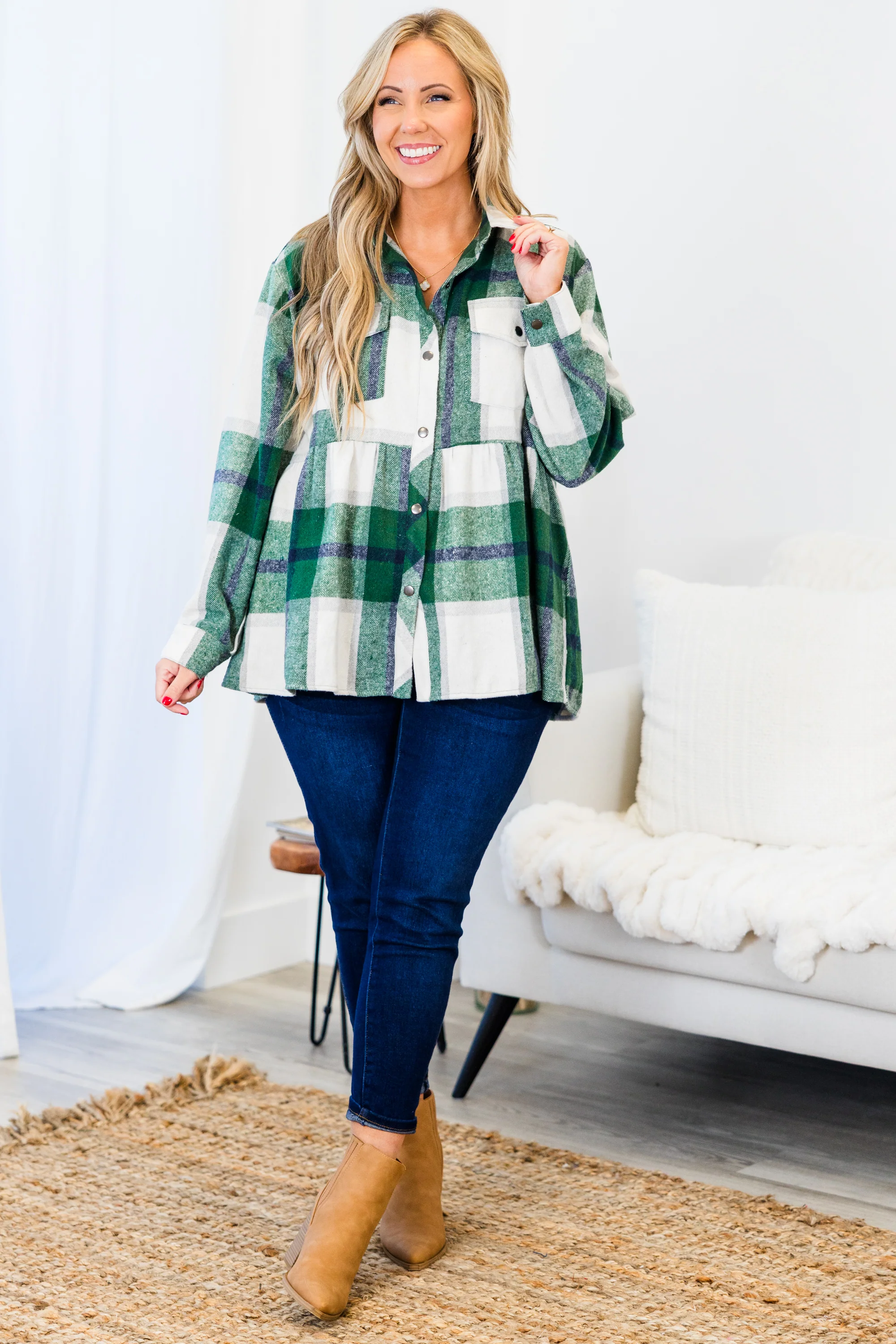 Cozy Plaid Babydoll Shacket, Green - Giverhouse