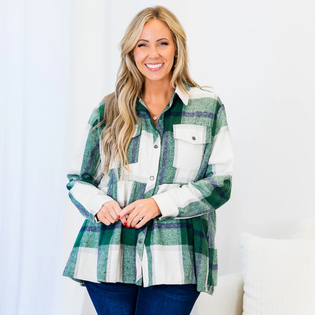 Cozy Plaid Babydoll Shacket, Green - Giverhouse