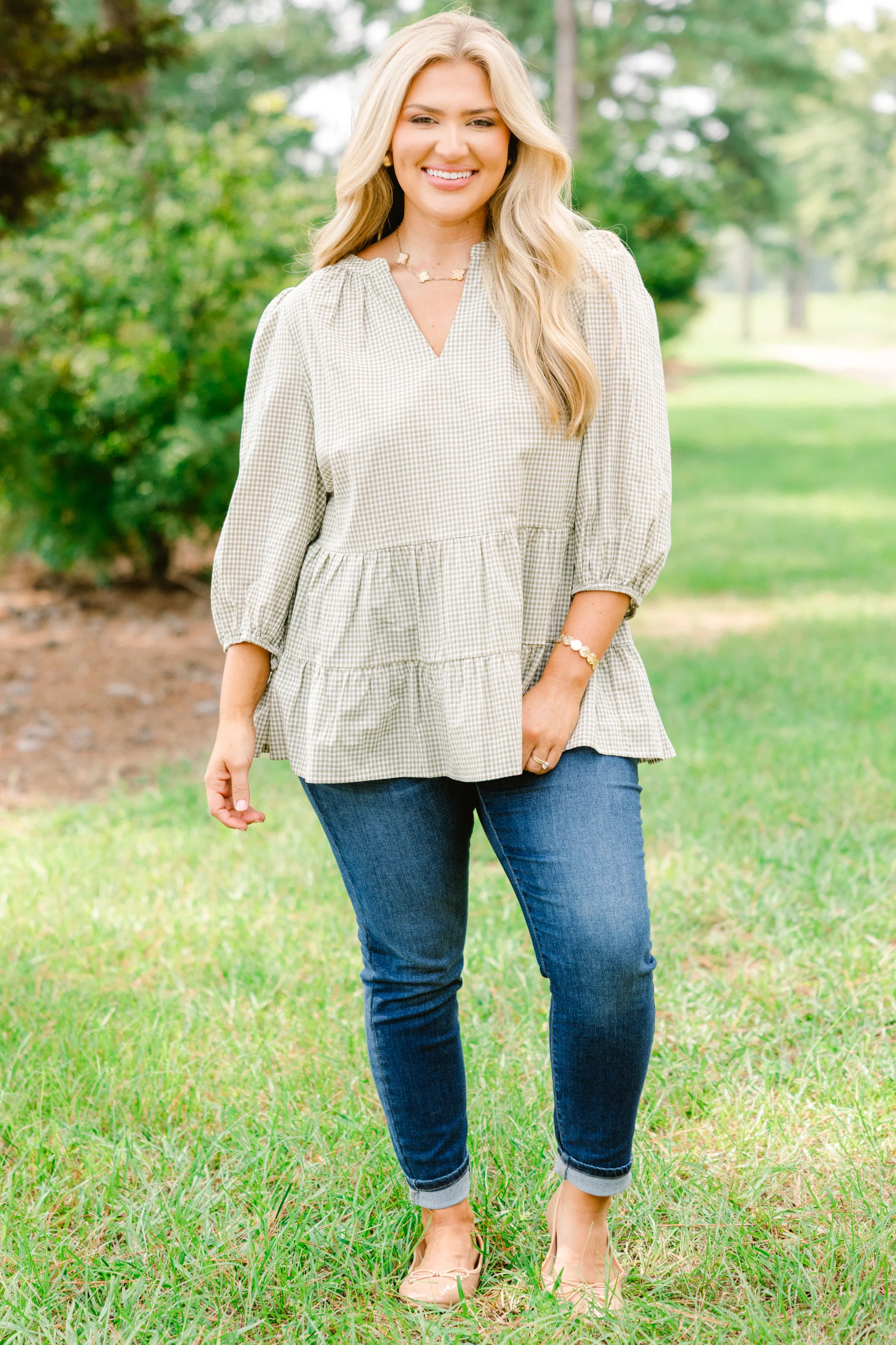 Pretty And Polished Top, Green Gingham - Giverhouse