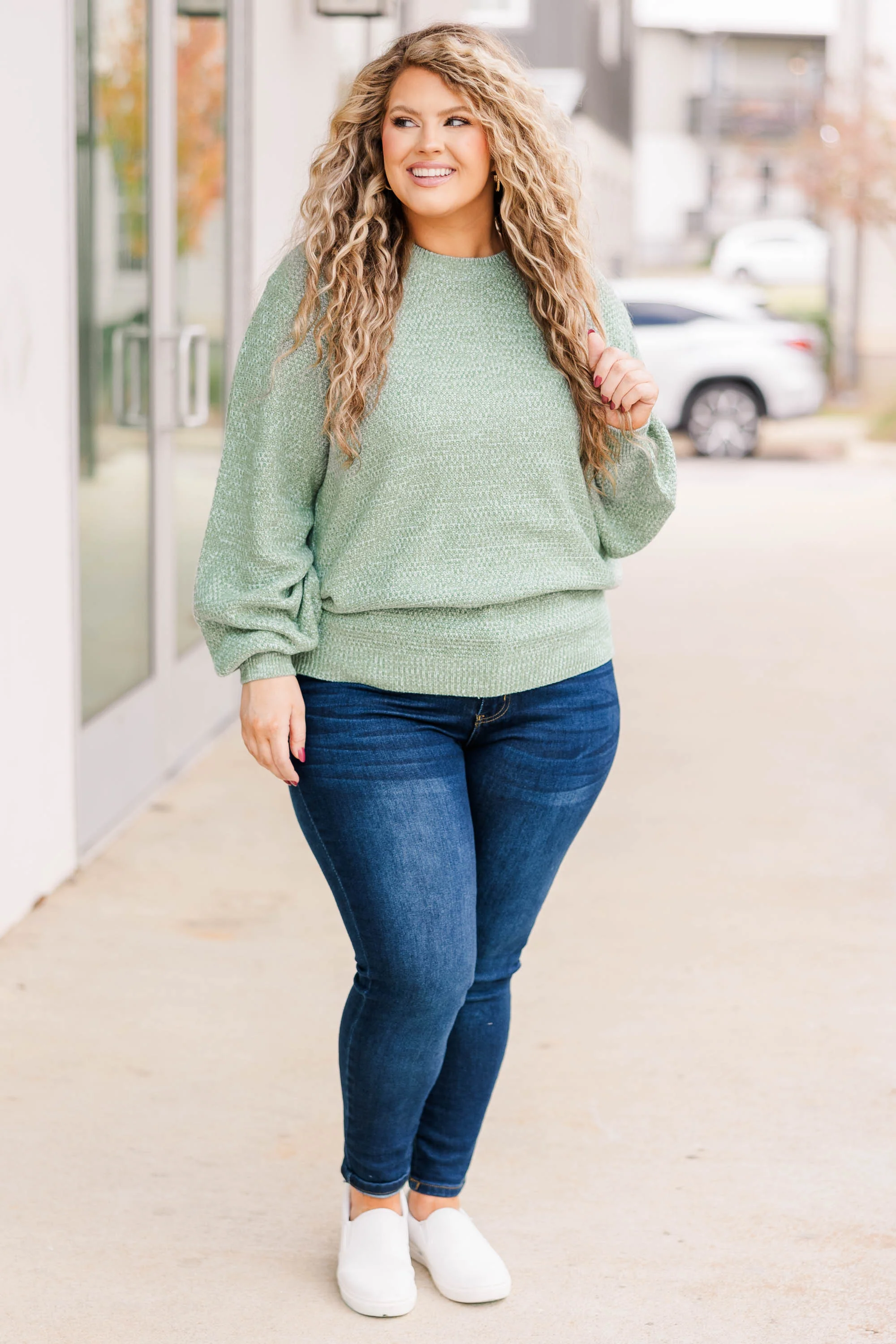 Cozy Bubble Sleeve Sweater, Sage - Giverhouse
