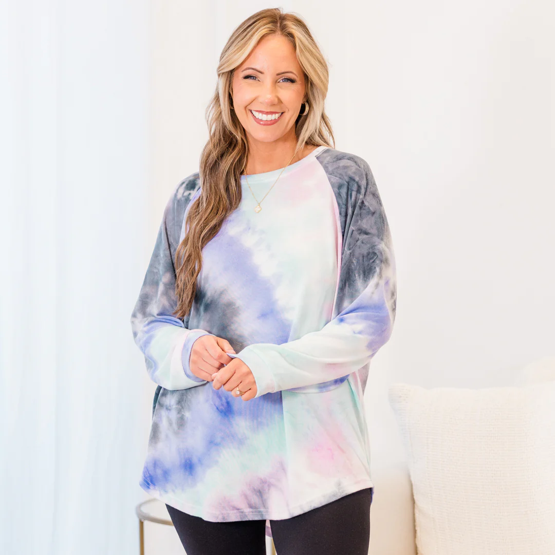 Curved Hem Slouchy Dolman Tunic, Tie Dye Pink & Blue - Giverhouse