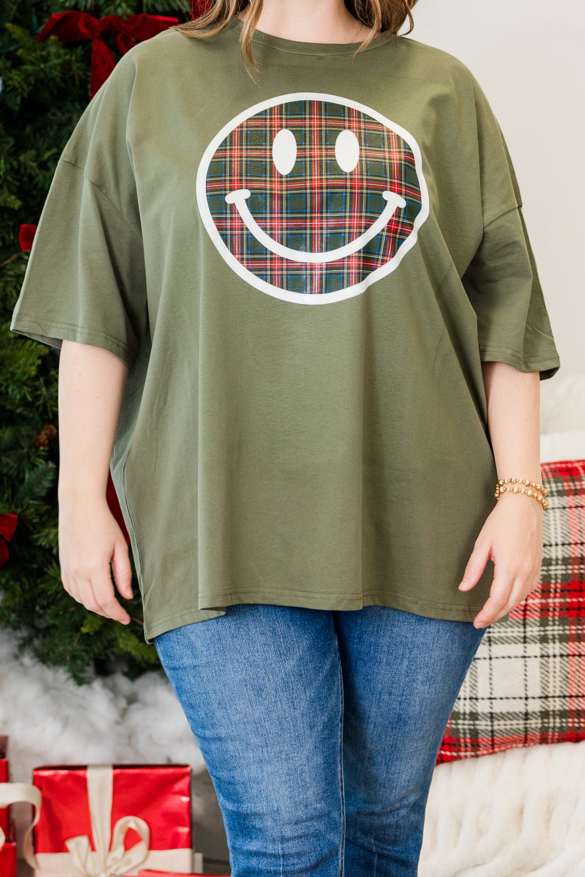 Plaid Smiley Boyfriend Tee, Moss - Giverhouse