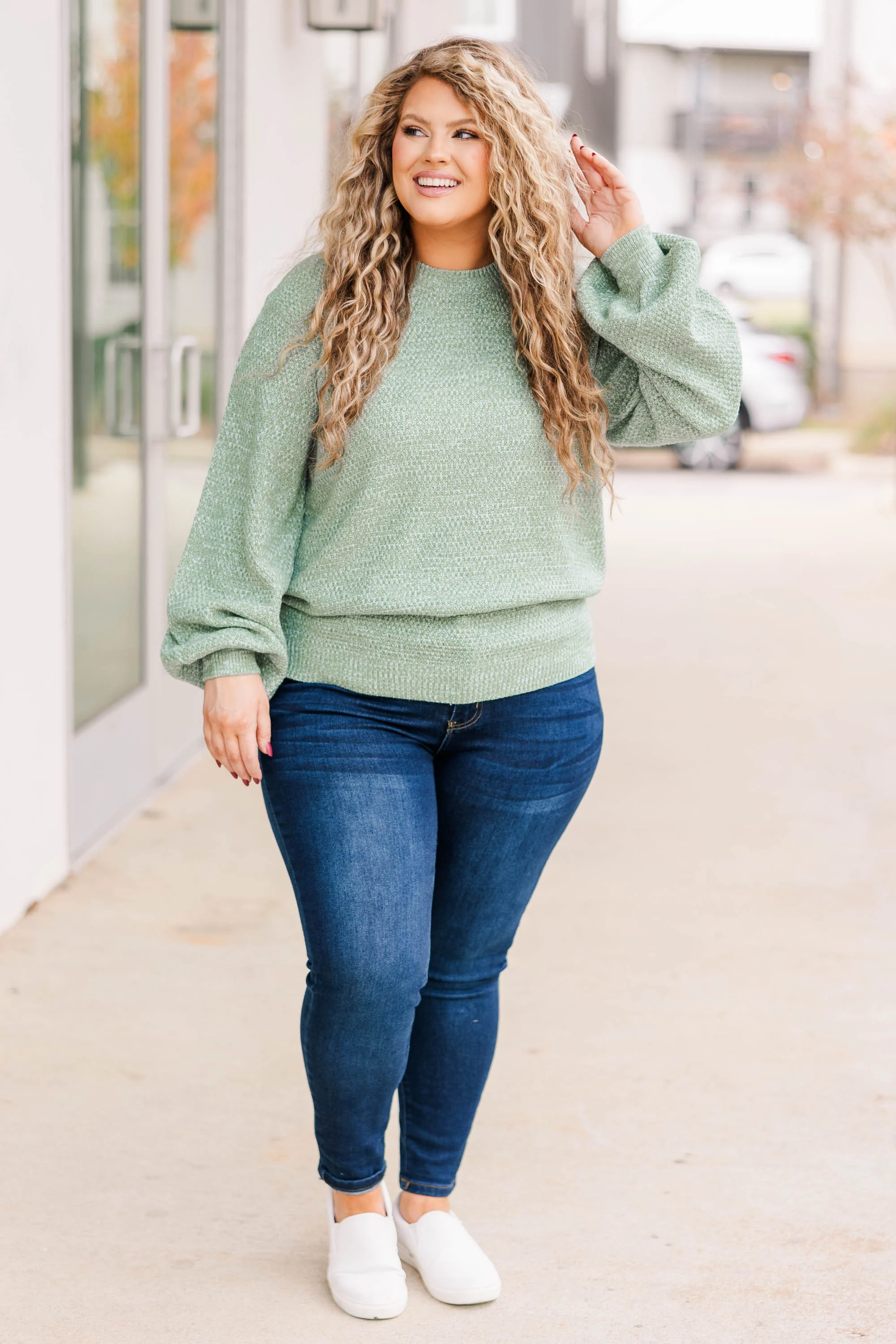 Cozy Bubble Sleeve Sweater, Sage - Giverhouse