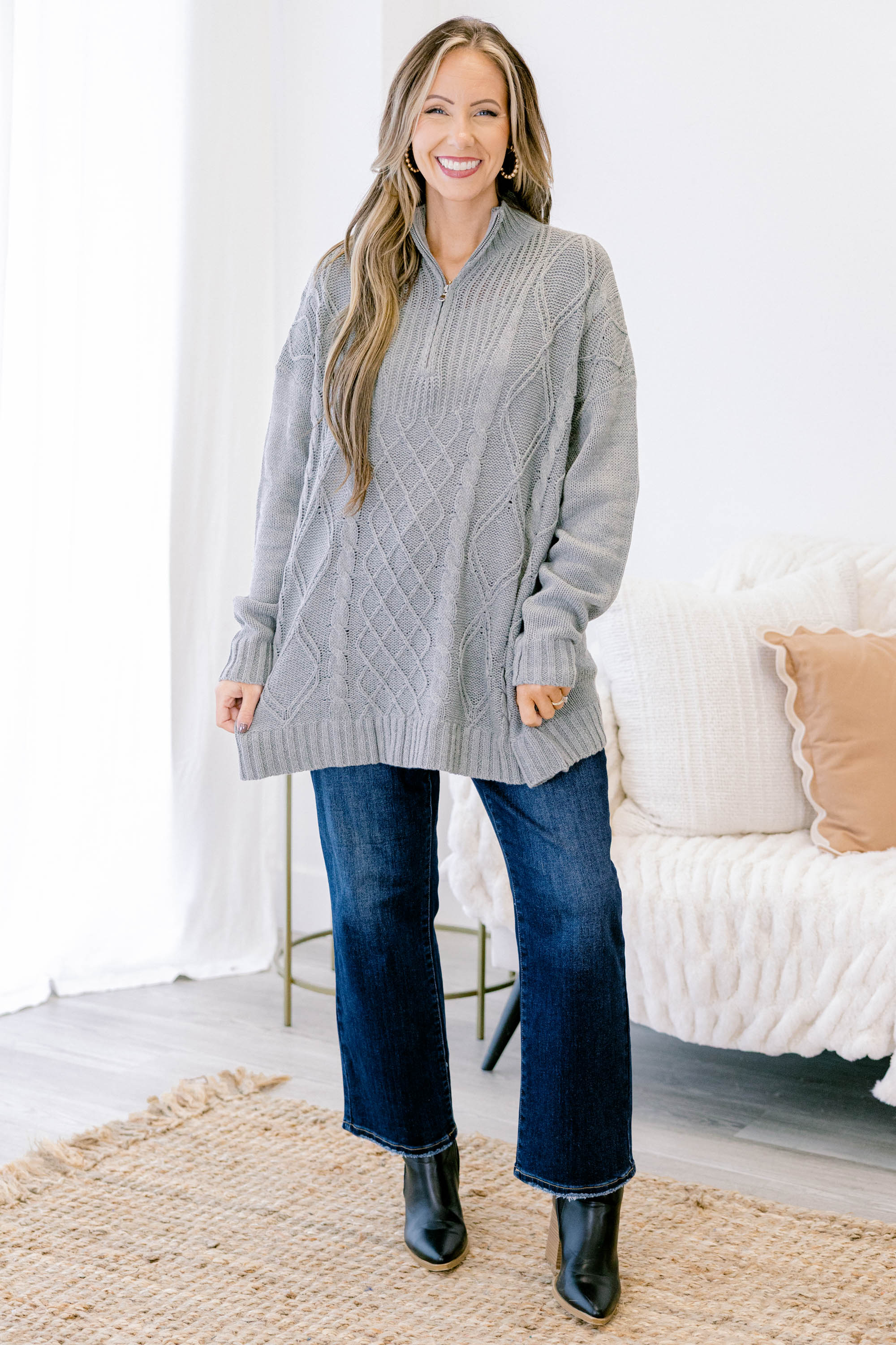 Cable Knit Classic Sweater, Gray - Giverhouse