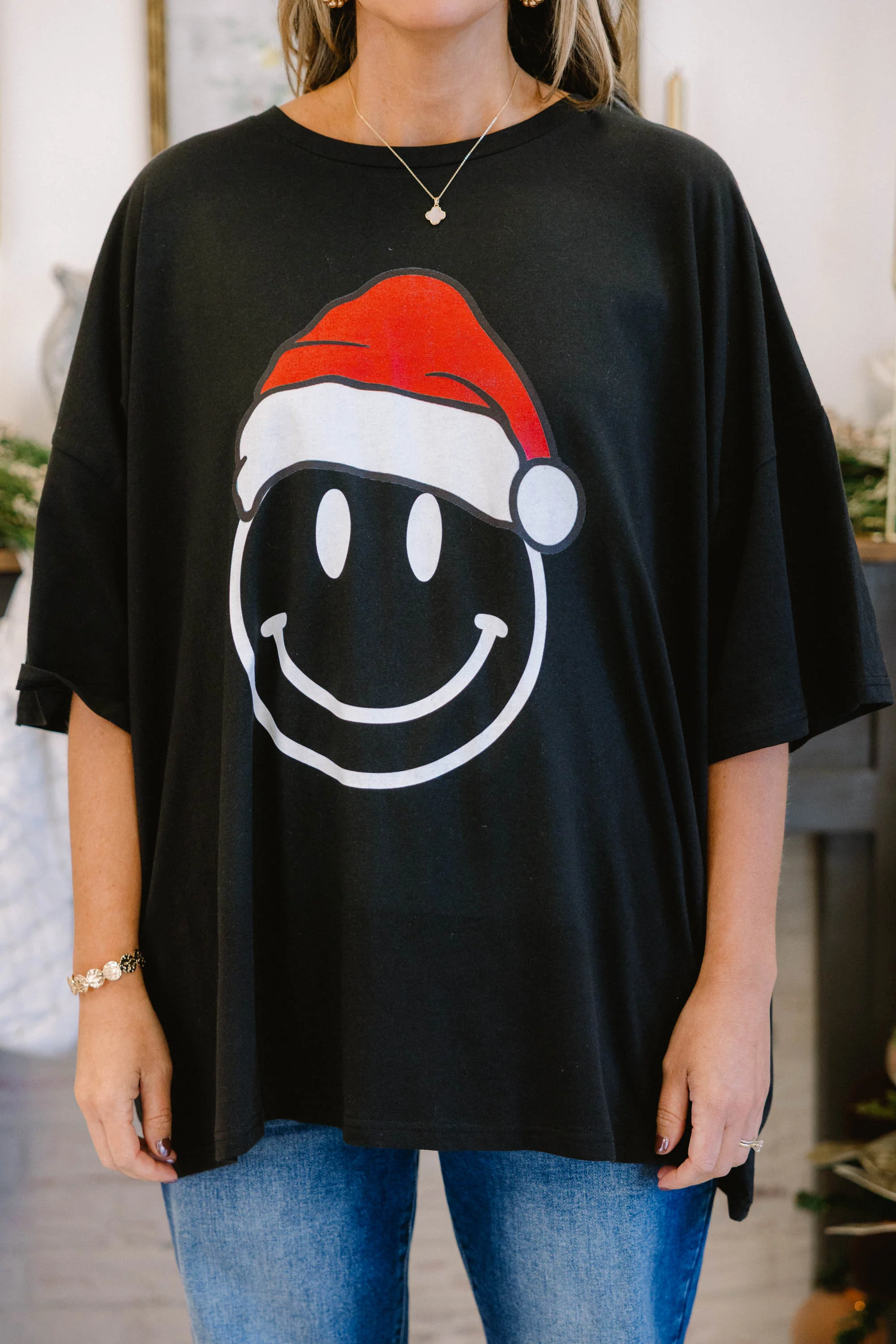 Remember To Smile Santa Boyfriend Tee, Black - Giverhouse