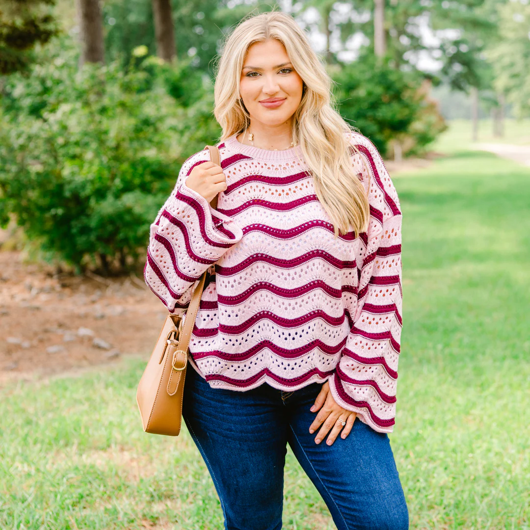 Wavy Comfort Sweater, Pink-Maroon - Giverhouse