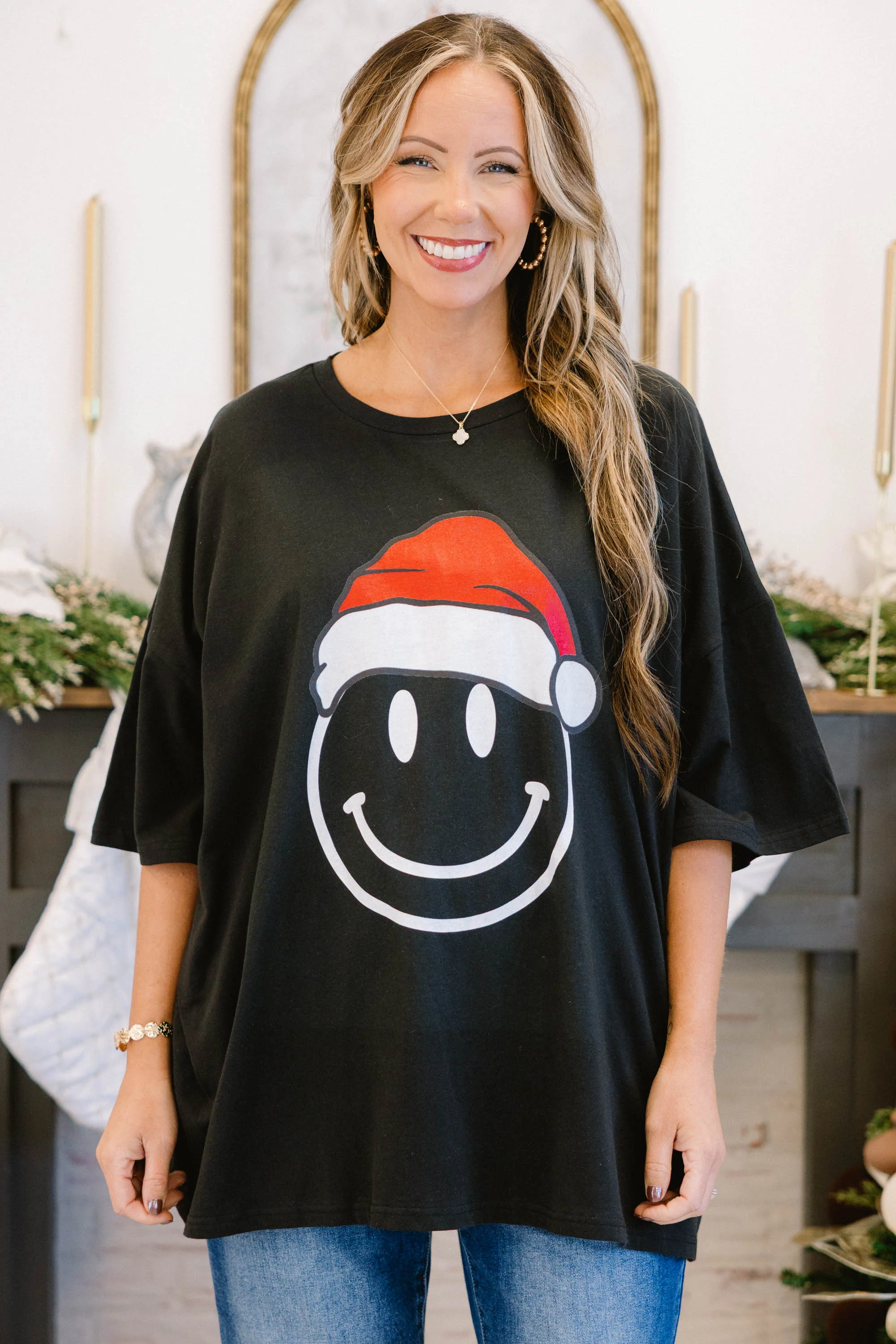 Remember To Smile Santa Boyfriend Tee, Black - Giverhouse
