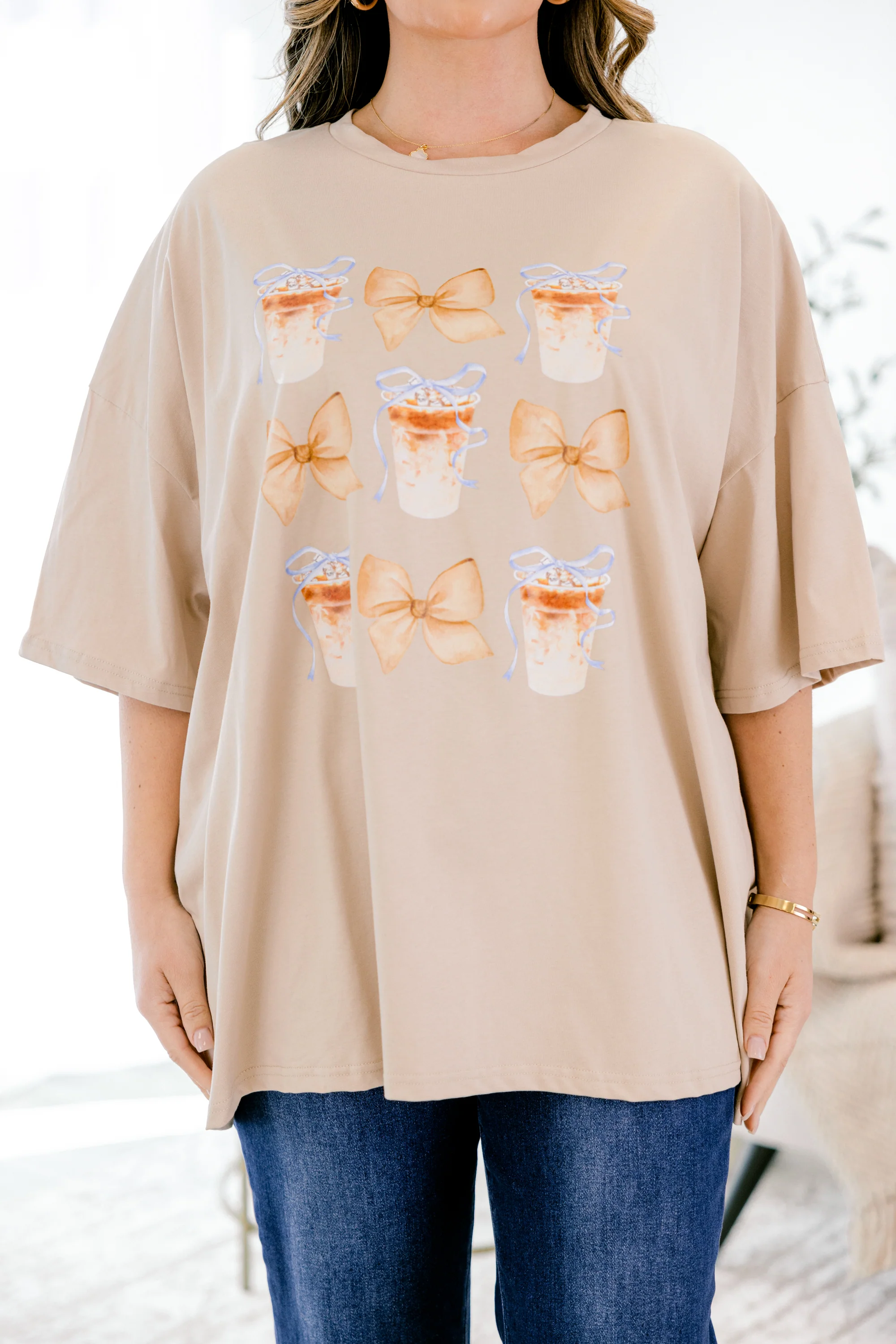 Espressos & Bows Imported Boyfriend Tee, Light Mocha - Giverhouse