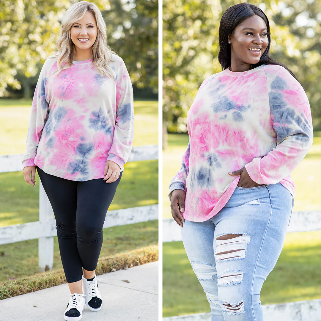 Curved Hem Slouchy Dolman Tunic, Tie Dye Pink - Giverhouse