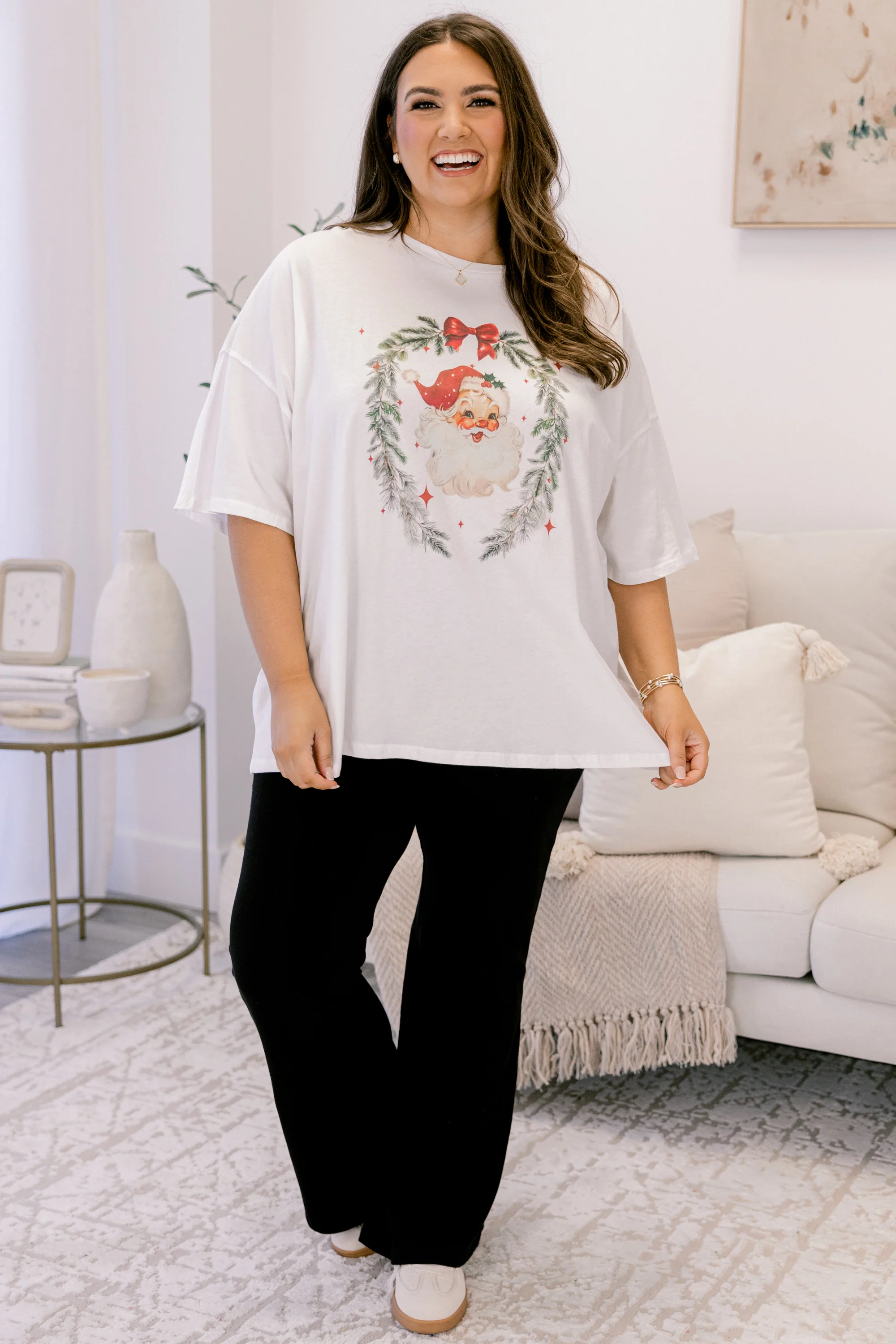 Wreath of Santa Imported Boyfriend Tee, White - Giverhouse