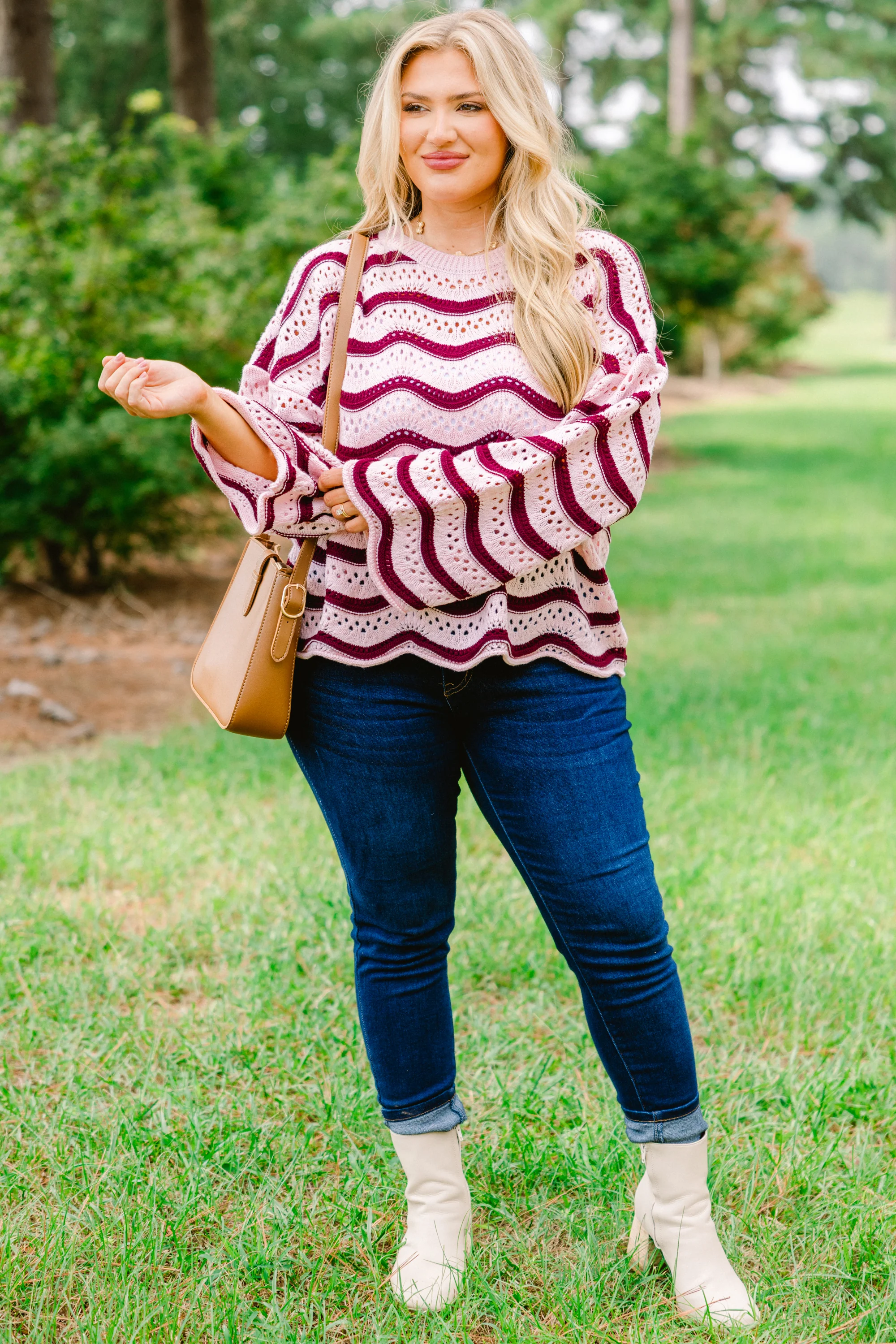 Wavy Comfort Sweater, Pink-Maroon - Giverhouse