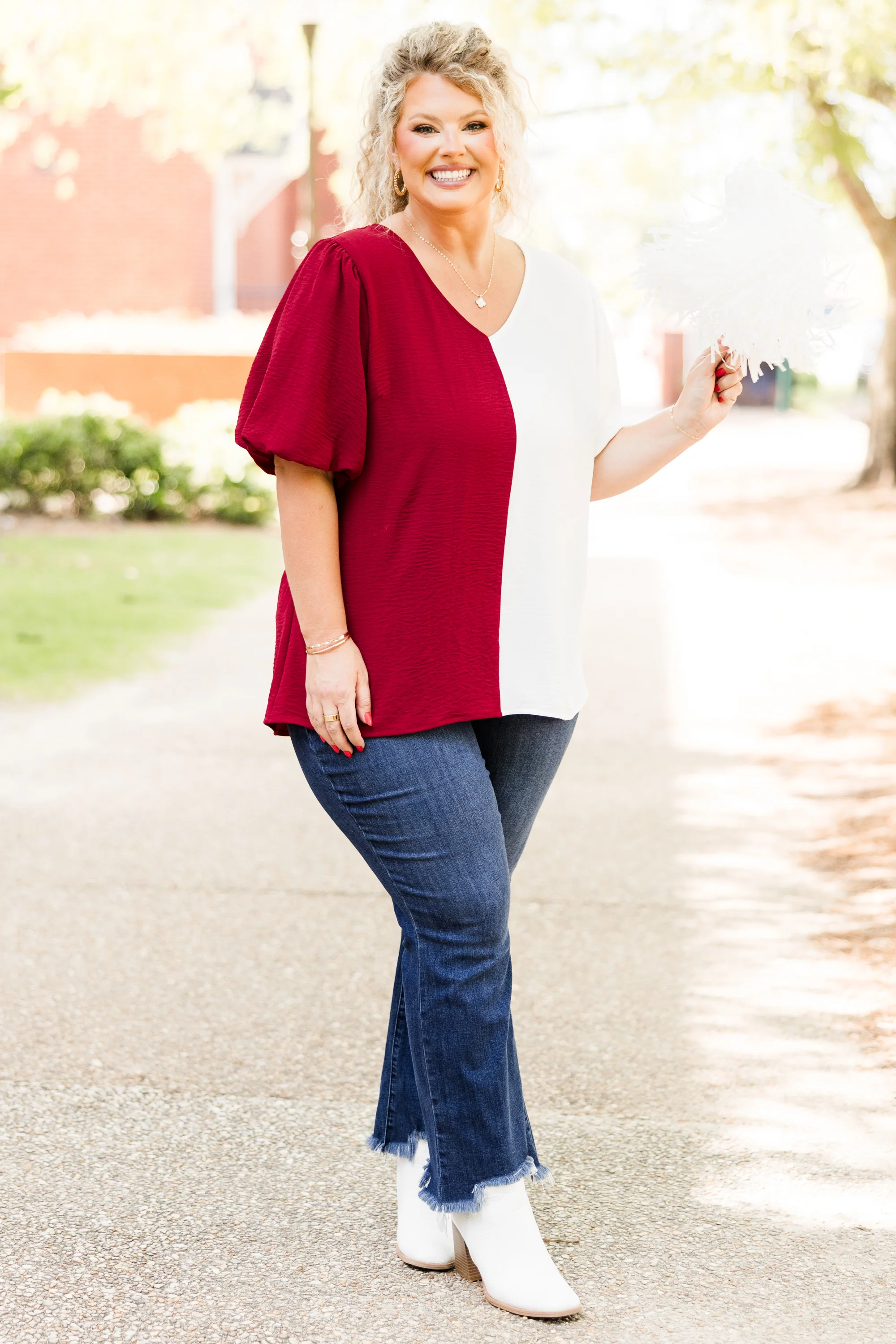Sideline Sweetheart Top, Crimson-White - Giverhouse