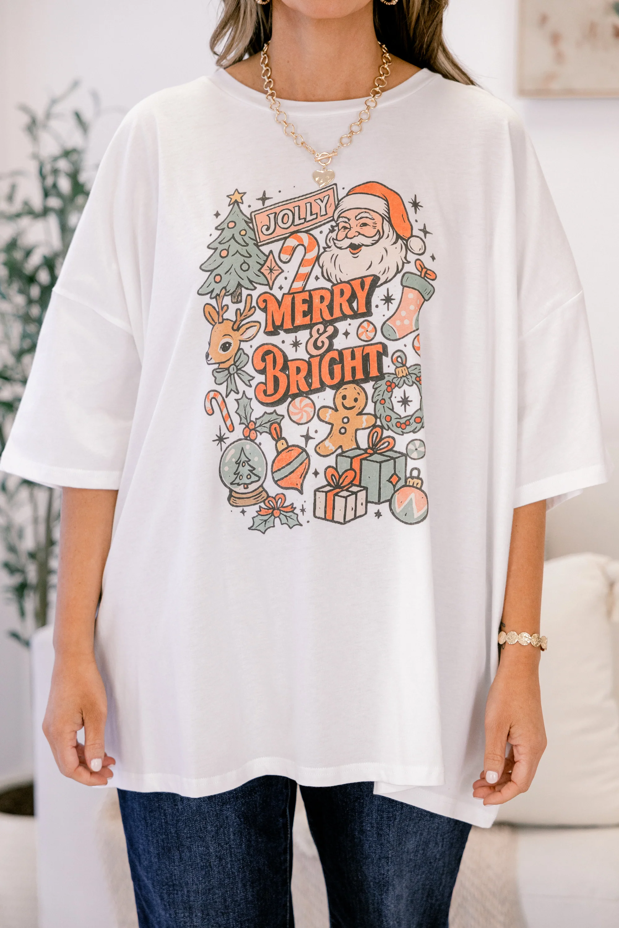 Jolly, Merry and Bright Imported Boyfriend Tee, White - Giverhouse