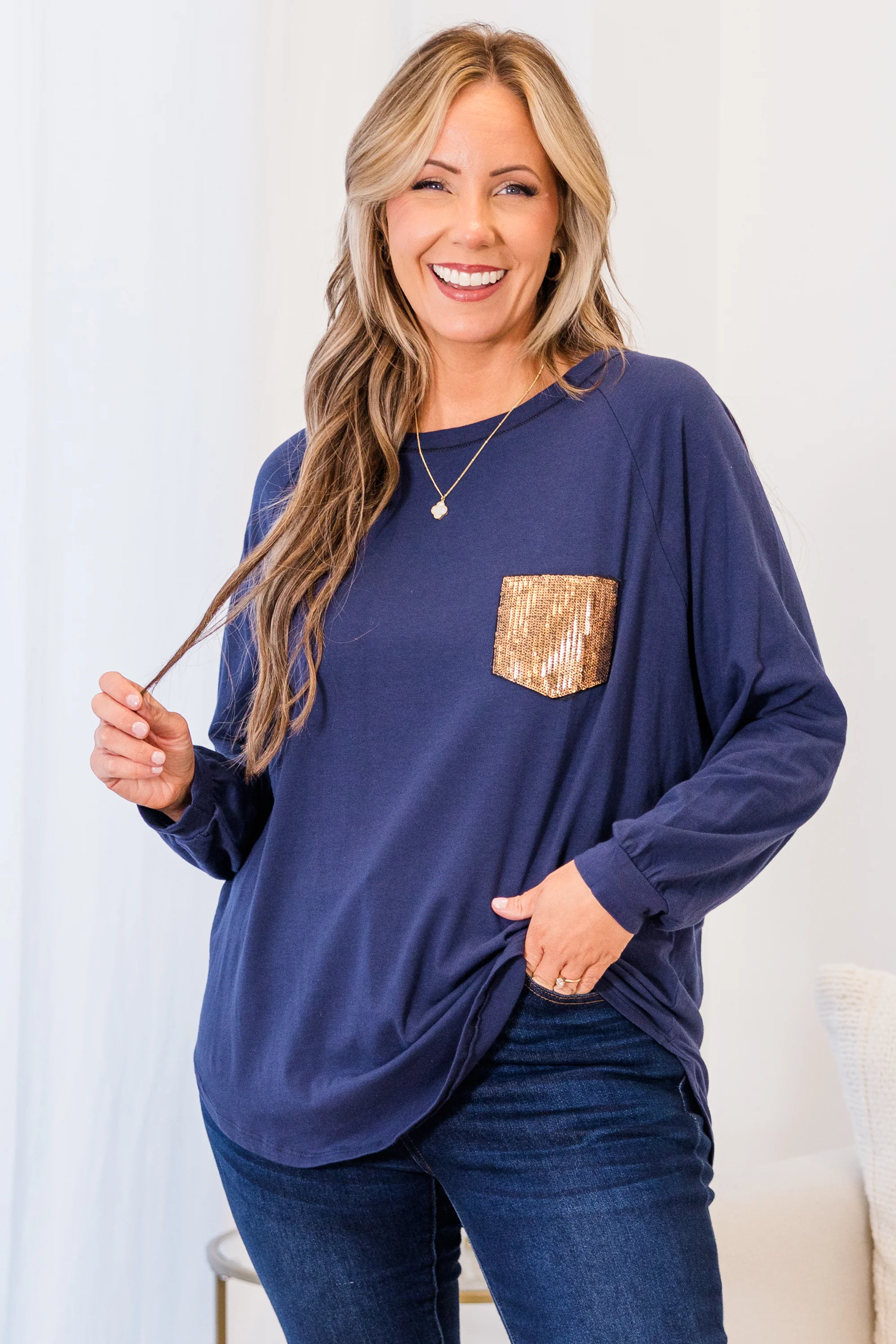 Curved Hem Slouchy Dolman Tunic, Navy Sequin - Giverhouse