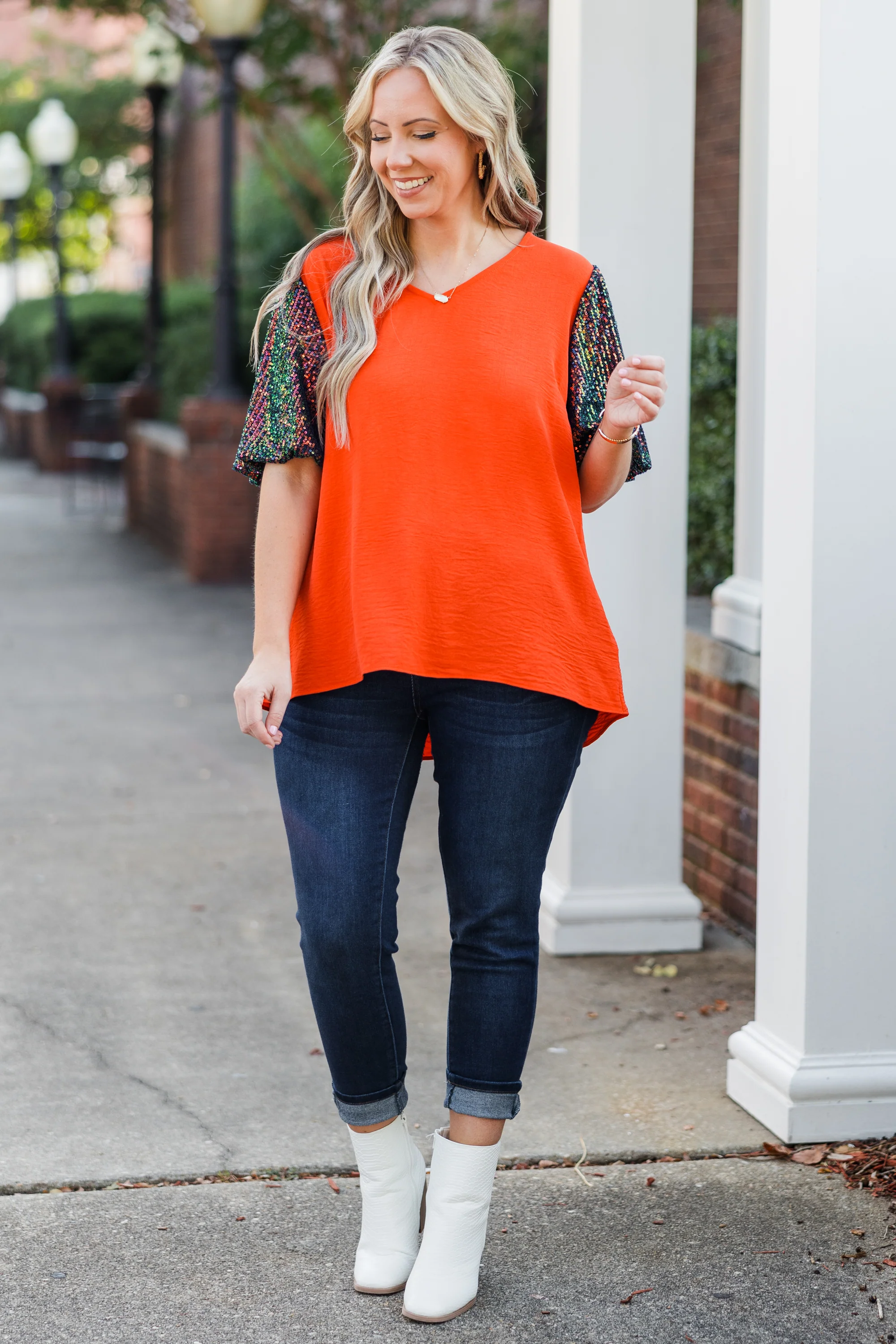 Gameday Glam Top, Orange-Navy - Giverhouse