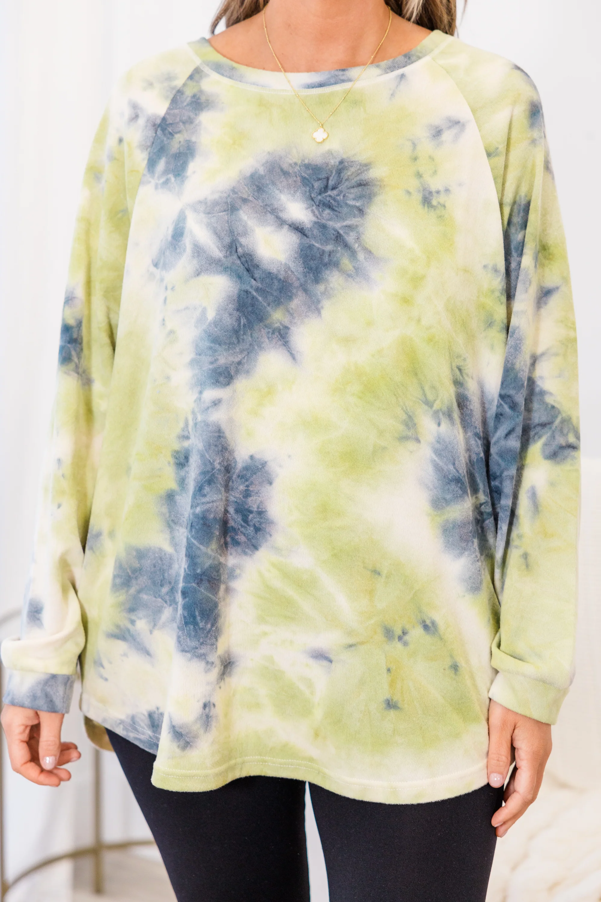 Curved Hem Slouchy Dolman Tunic, Tie Dye Olive - Giverhouse