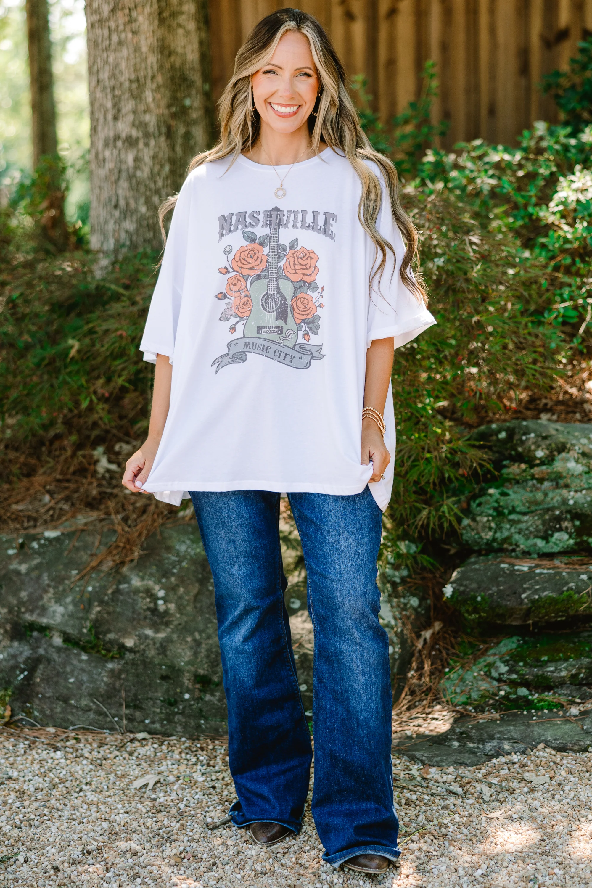 Nashville Glam Boyfriend Tee, White - Giverhouse
