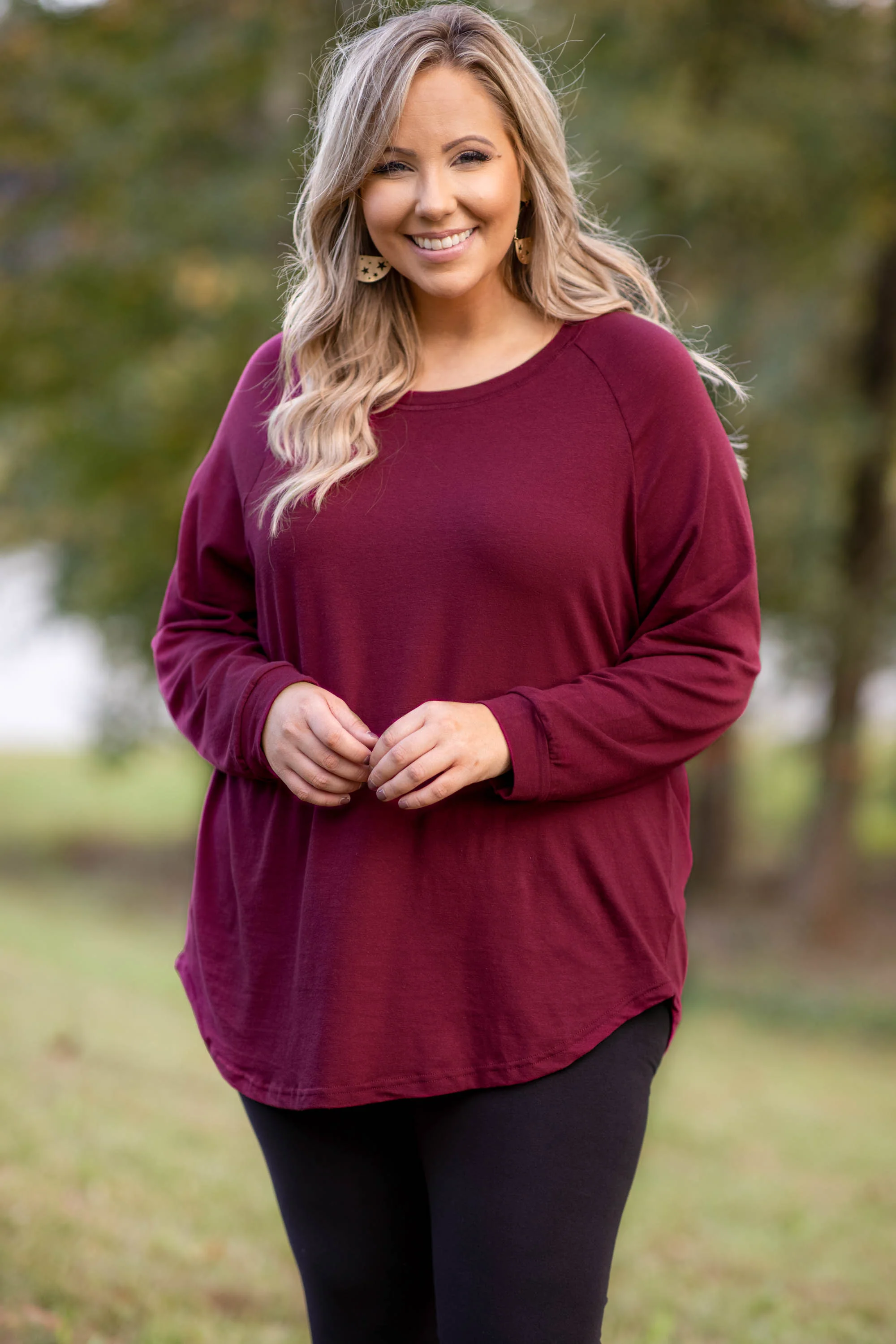 Curved Hem Slouchy Tunic, Wine - Giverhouse
