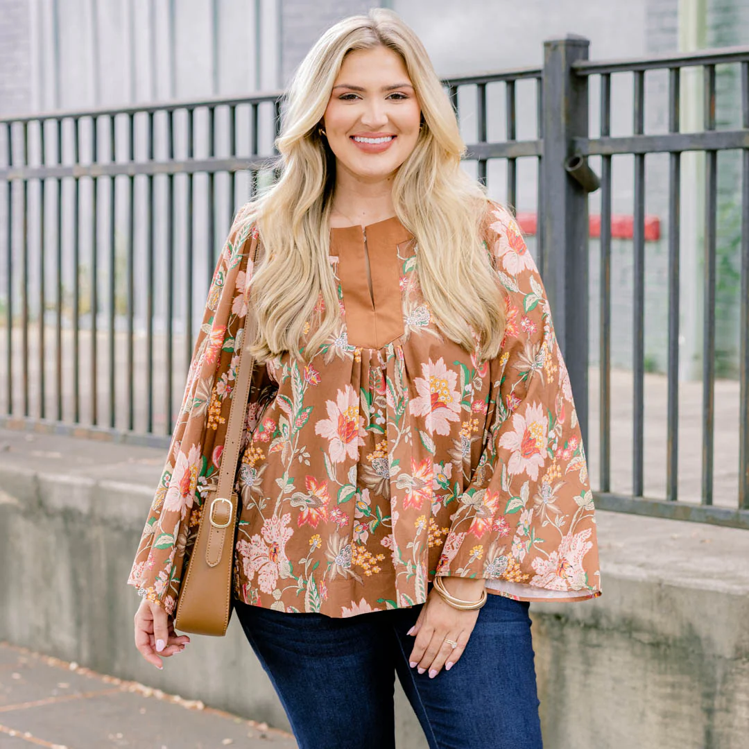 Free Like The Wind Top, Brown Floral - Giverhouse