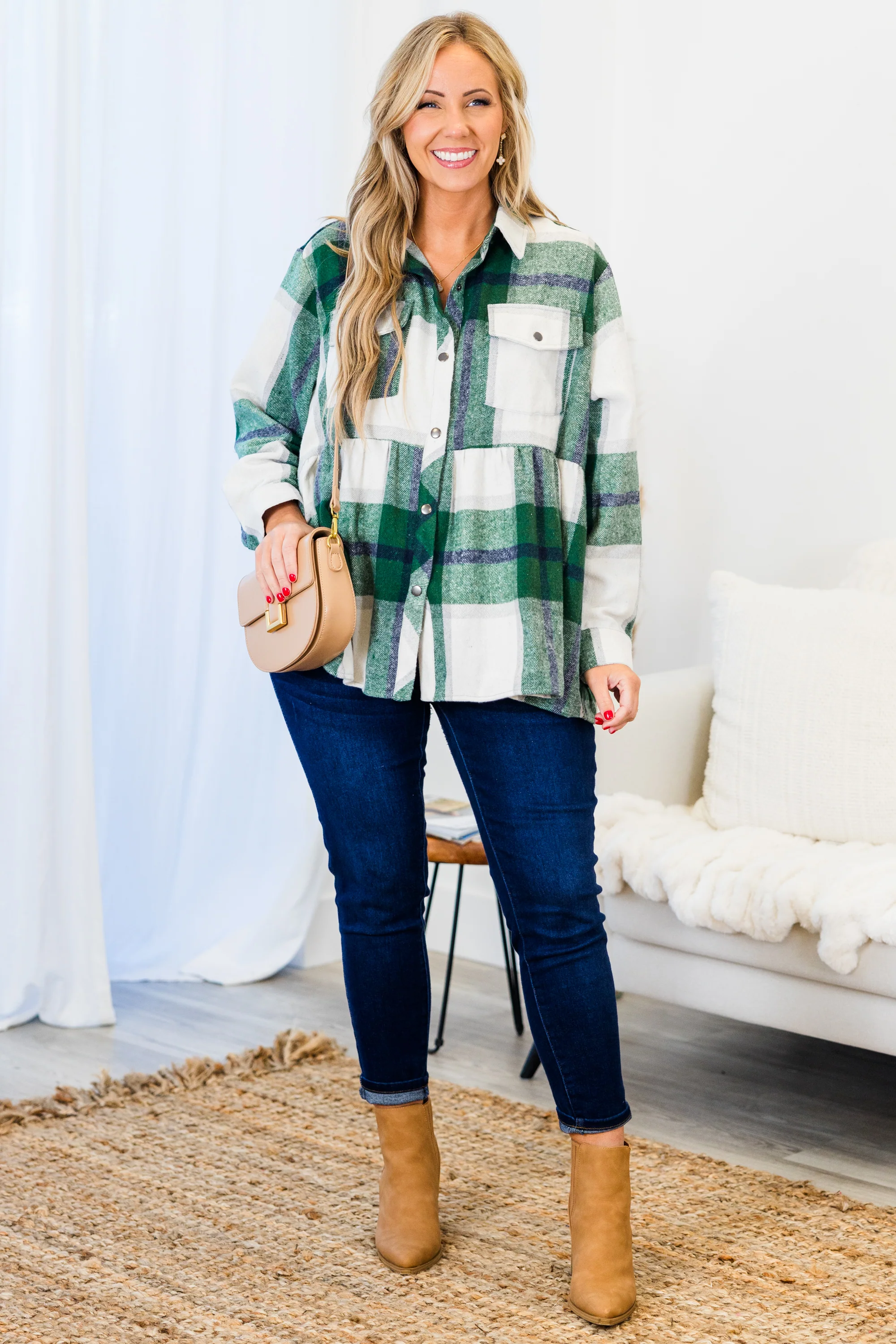Cozy Plaid Babydoll Shacket, Green - Giverhouse
