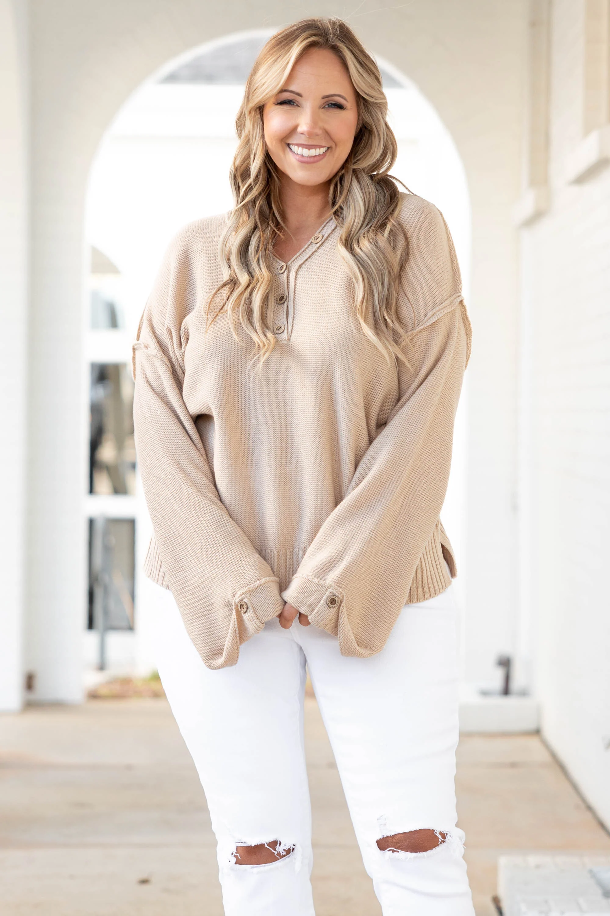 Please Say Yes Sweater, Beige - Giverhouse