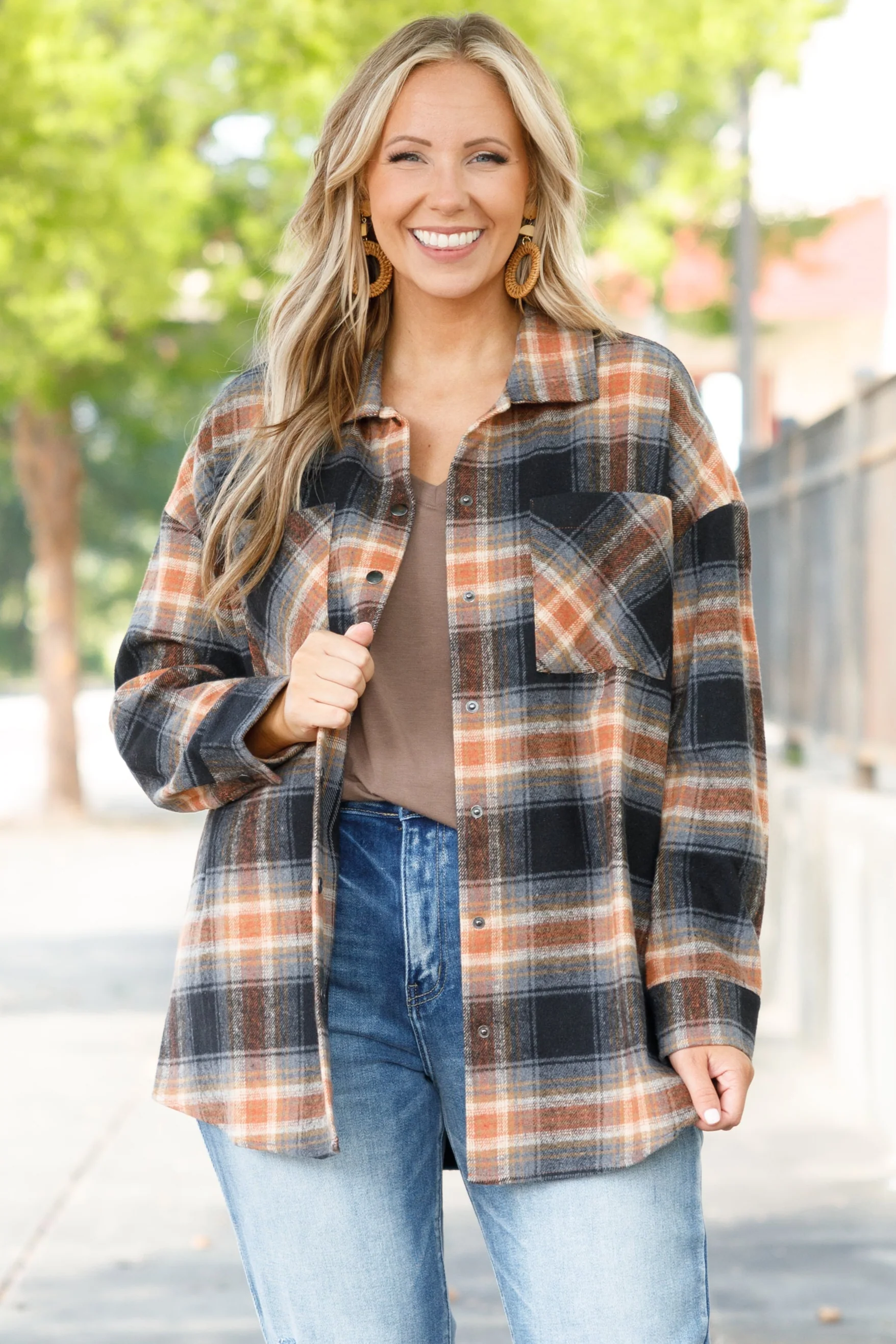 Not Your Boyfriend's Flannel Shacket, Orange - Giverhouse