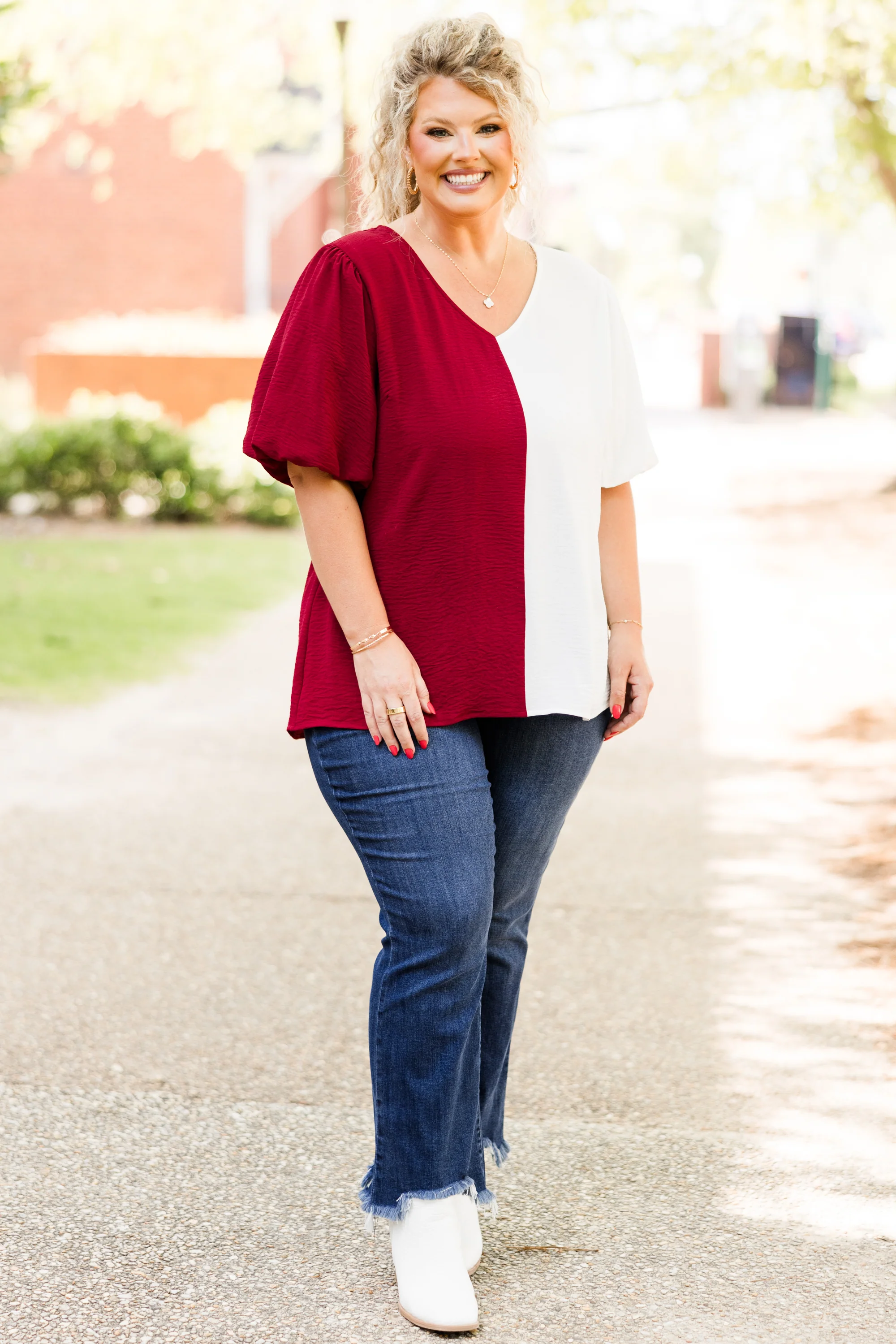 Sideline Sweetheart Top, Crimson-White - Giverhouse