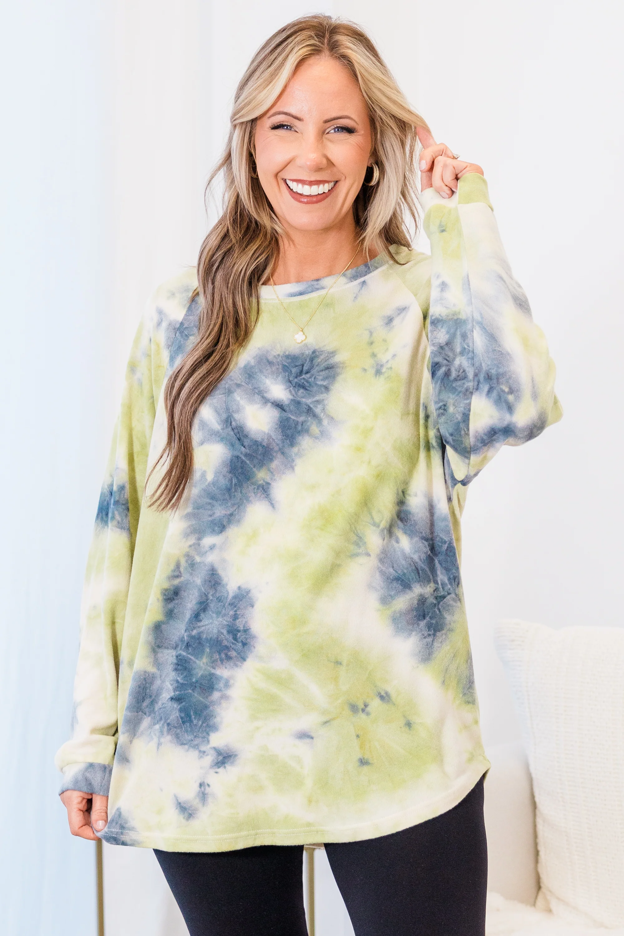 Curved Hem Slouchy Dolman Tunic, Tie Dye Olive - Giverhouse