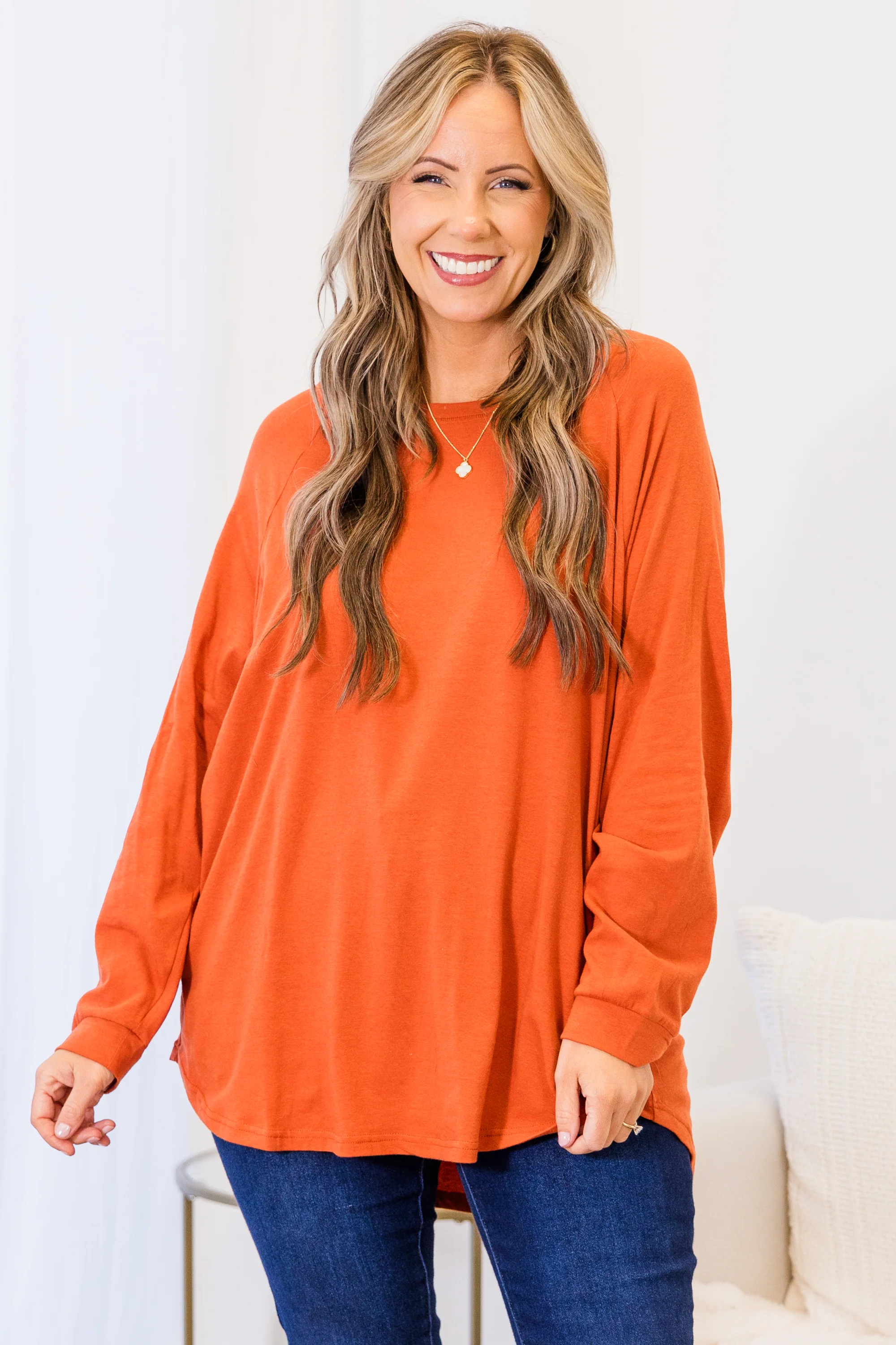 Curved Hem Slouchy Dolman Tunic, Rust - Giverhouse