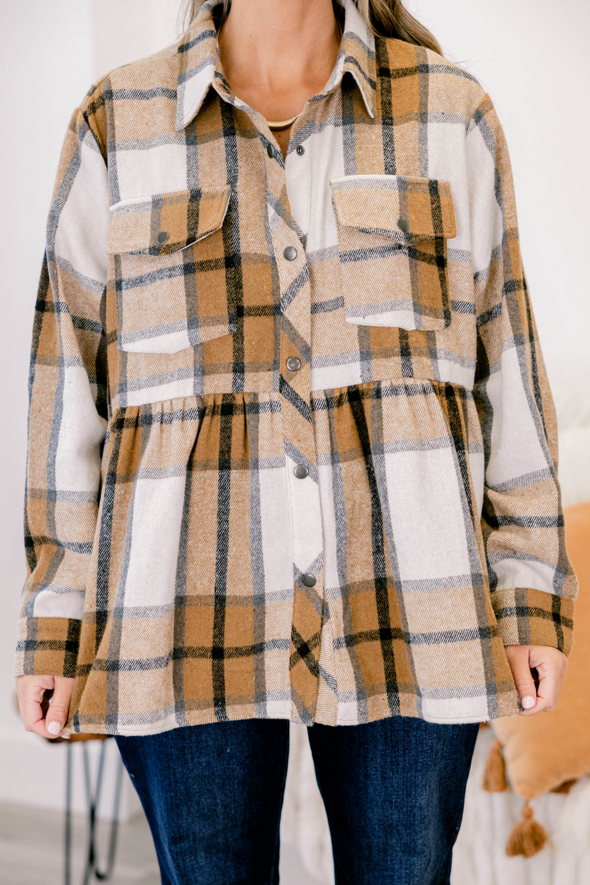 Cozy Plaid Babydoll Shacket, Khaki - Giverhouse