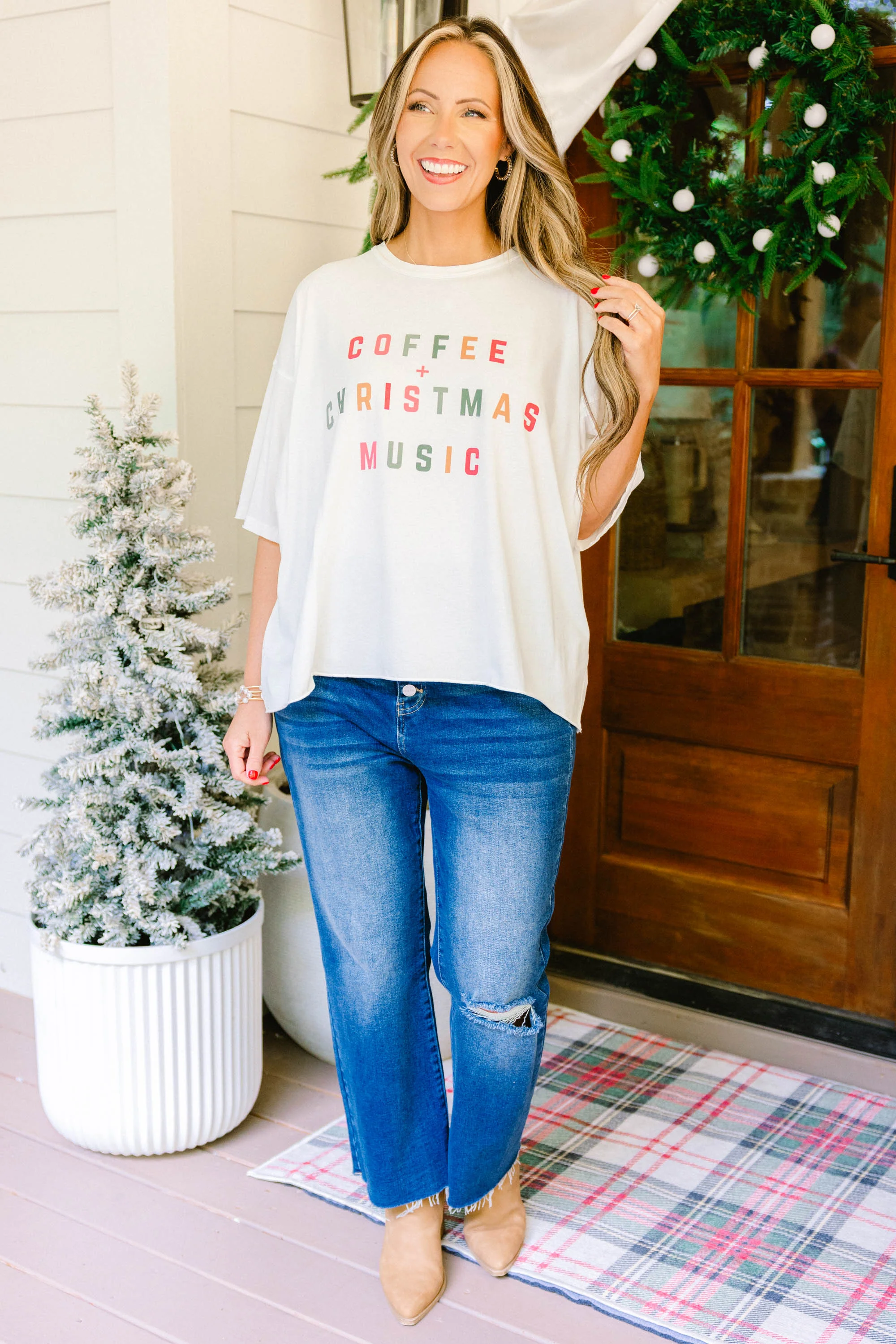 Coffee and Christmas Music Vintage Wash Tee, White - Giverhouse