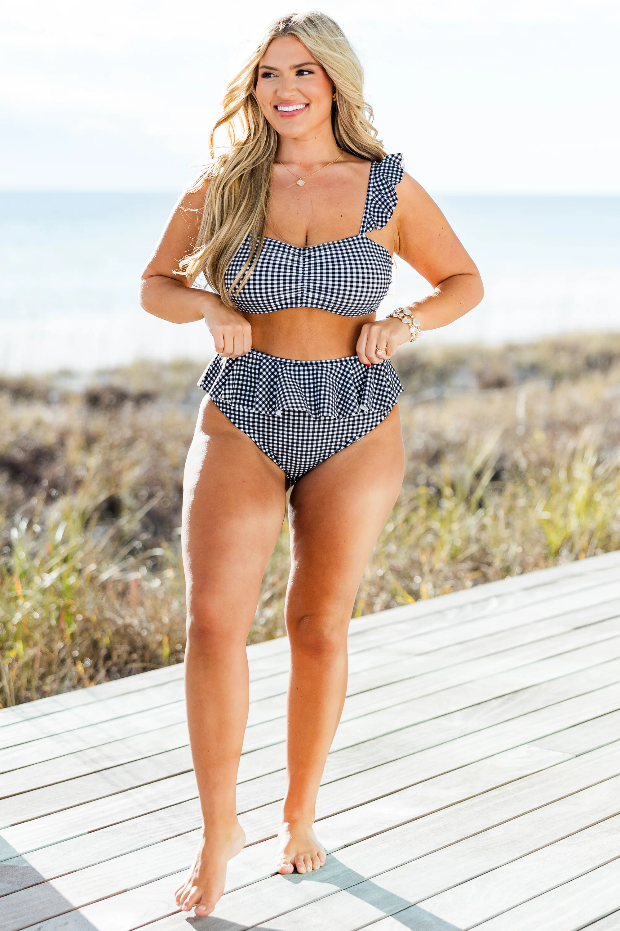 Sugar Sands Swim Top, Black/White Gingham - Giverhouse